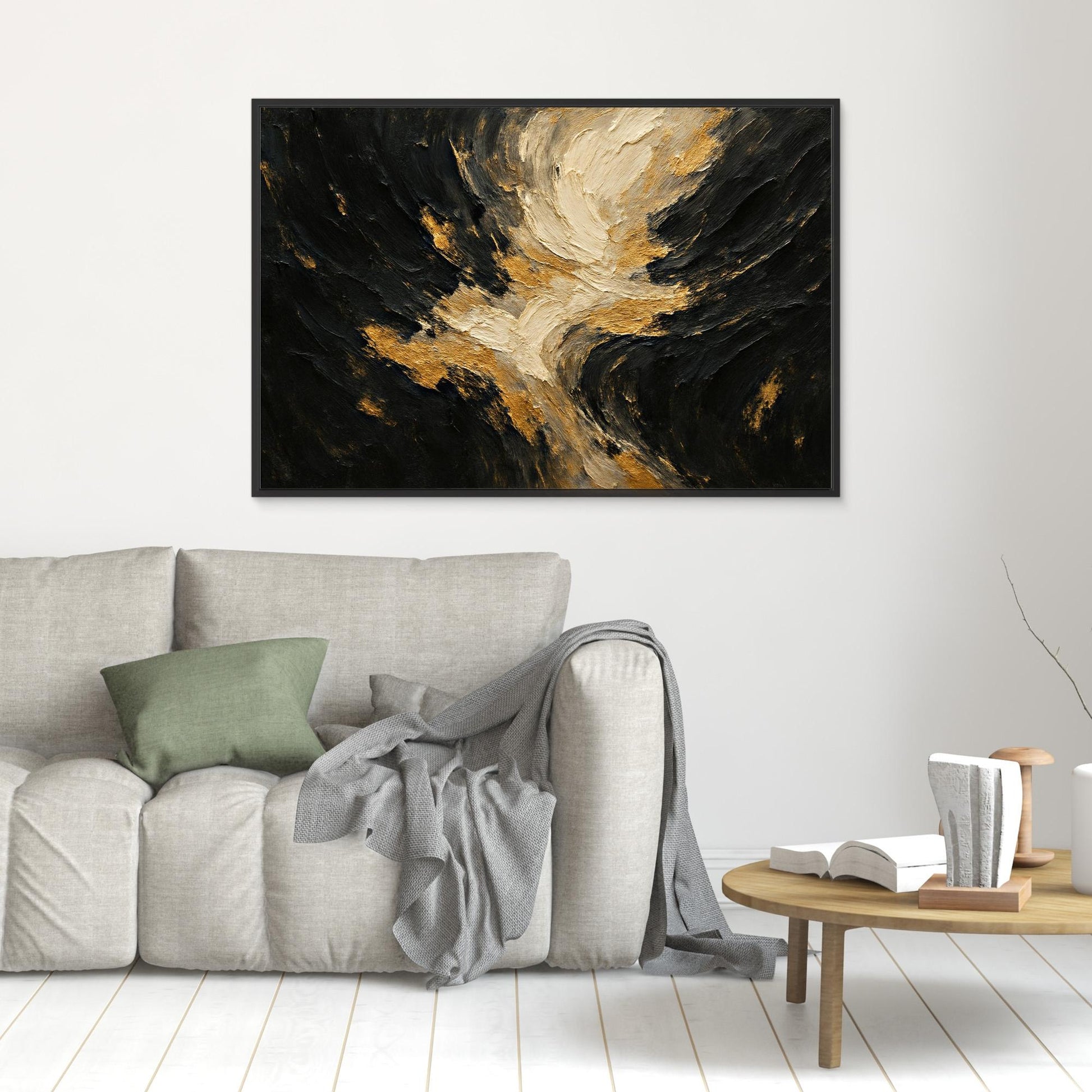 Gold and Black Textured Canvas Wall Art – Abstract Flow