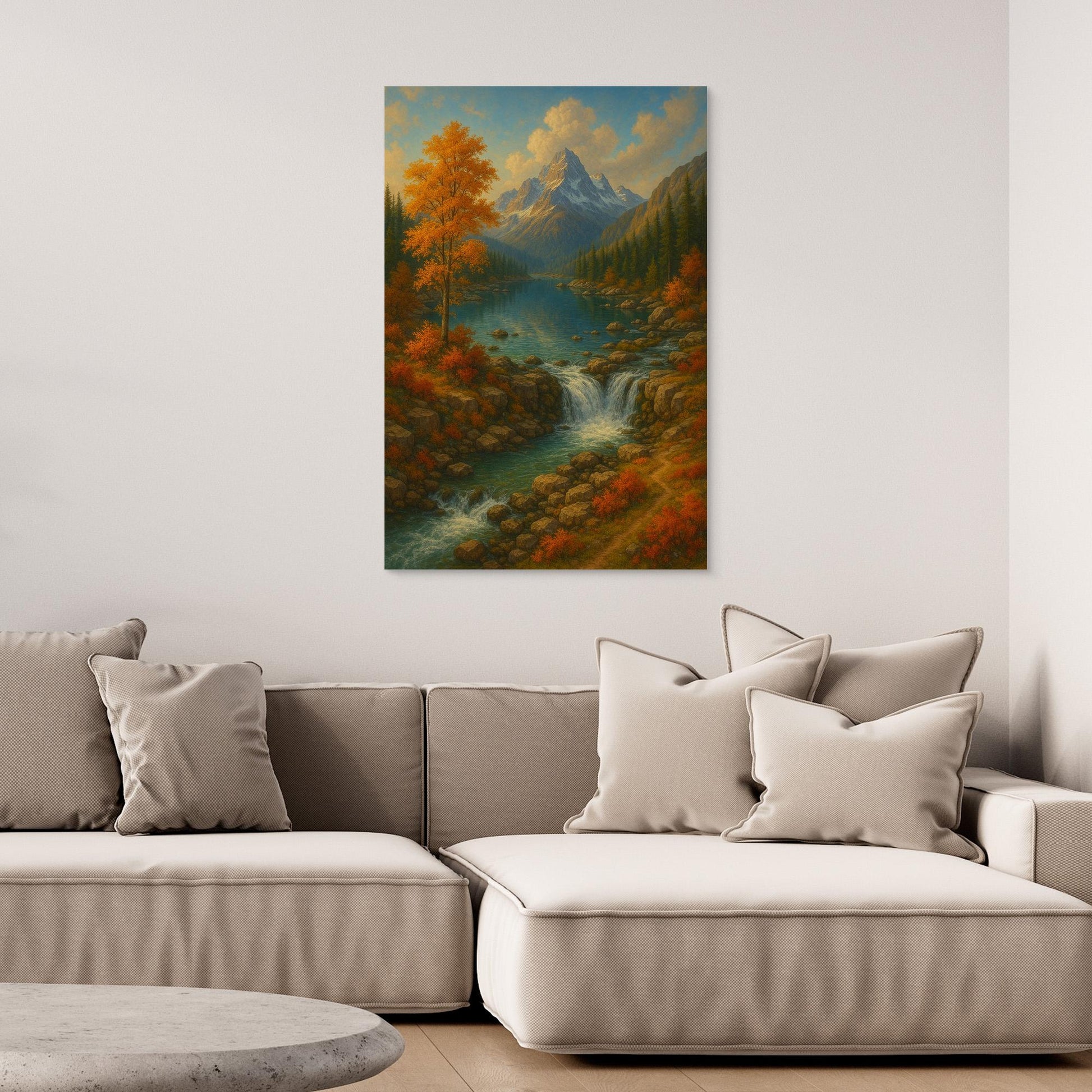 Mountain Waterfall Canvas Wall Art – Autumn Nature Landscape Print