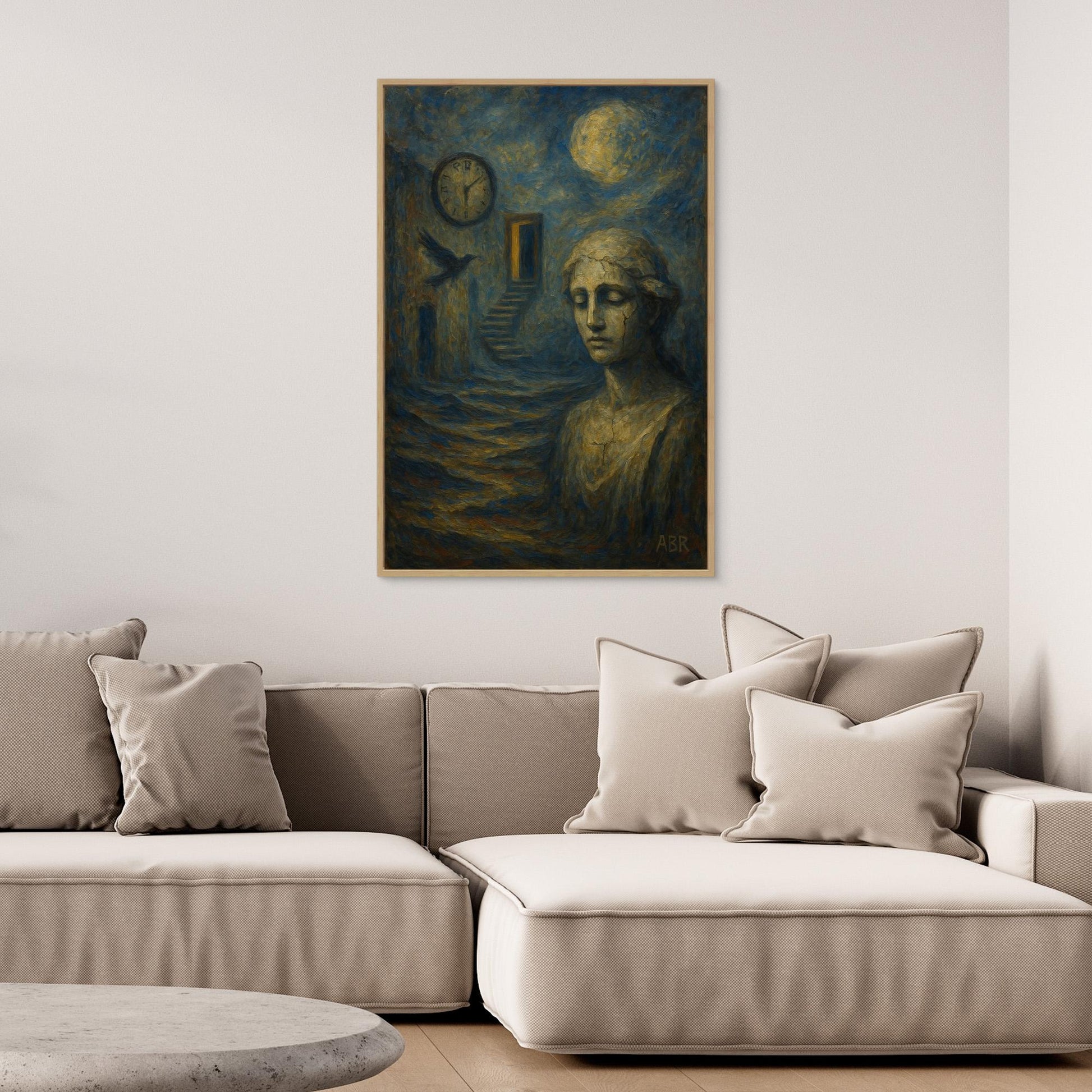 Surreal blue and gold abstract canvas wall art with cracked statue and moonlit staircase.