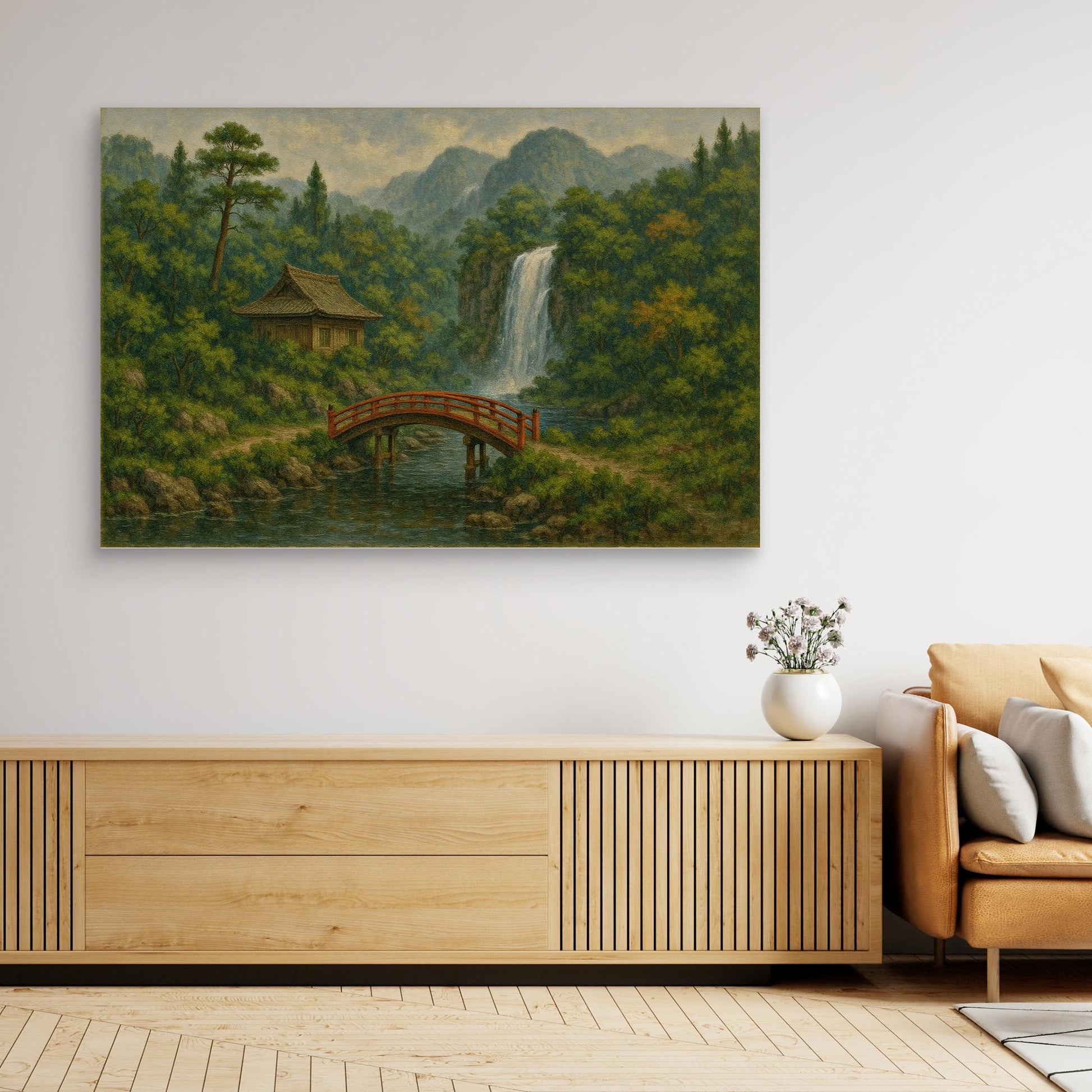Japanese Bridge & Waterfall Canvas Wall Art – Tranquil Nature Landscape Print