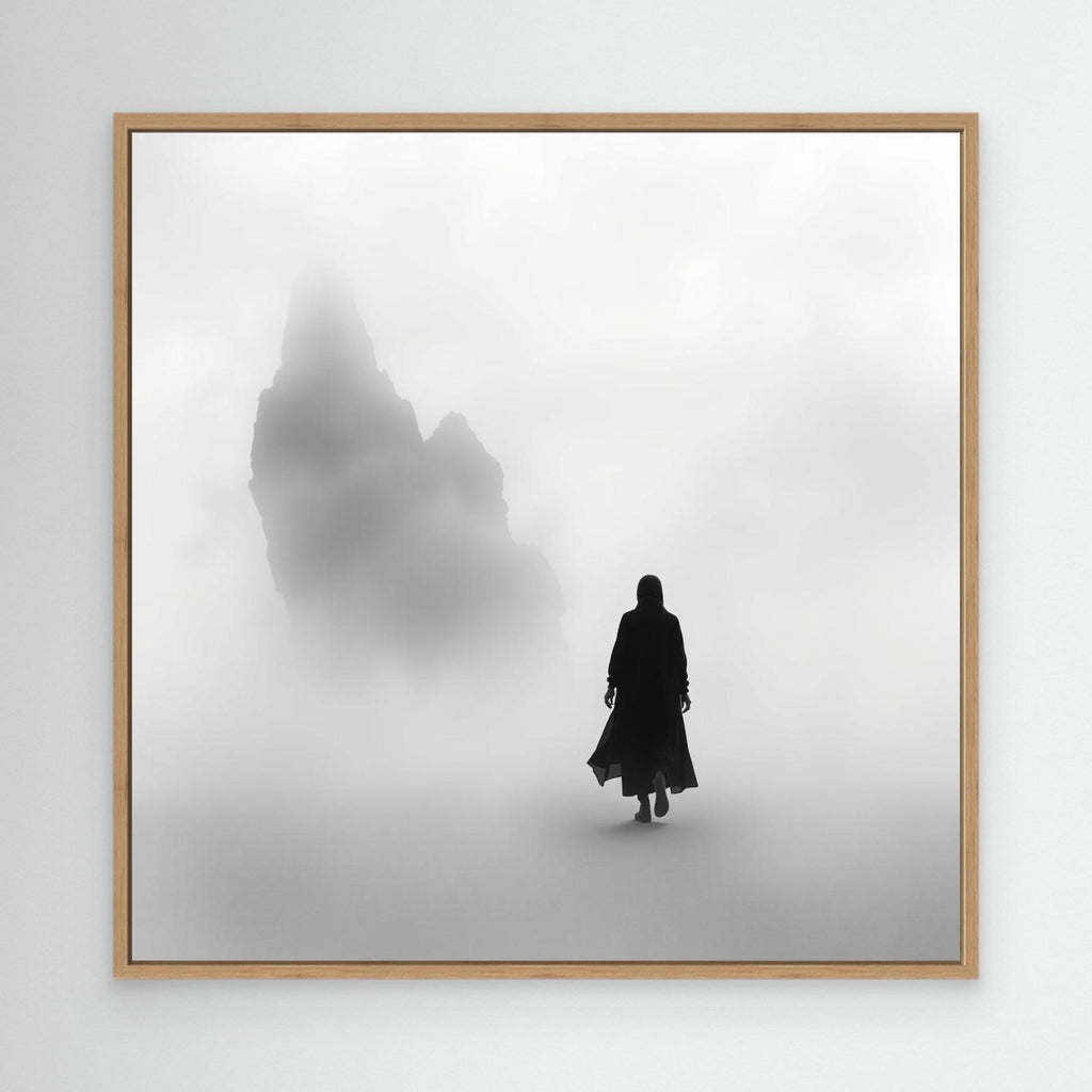 Into the Silence – Minimalist Black and White Canvas Art of Solitary Figure in Foggy Landscape