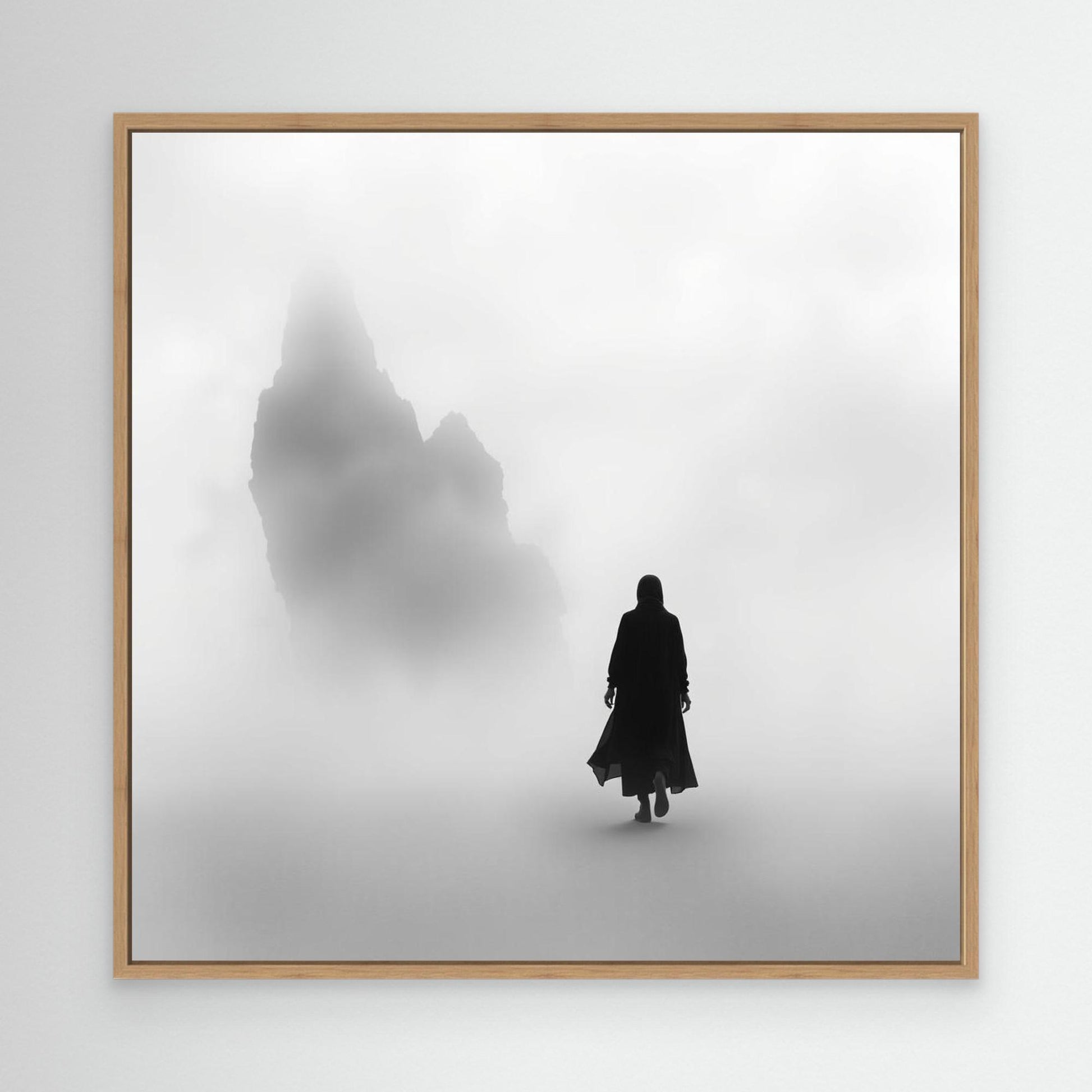 Into the Silence – Minimalist Black and White Canvas Art of Solitary Figure in Foggy Landscape