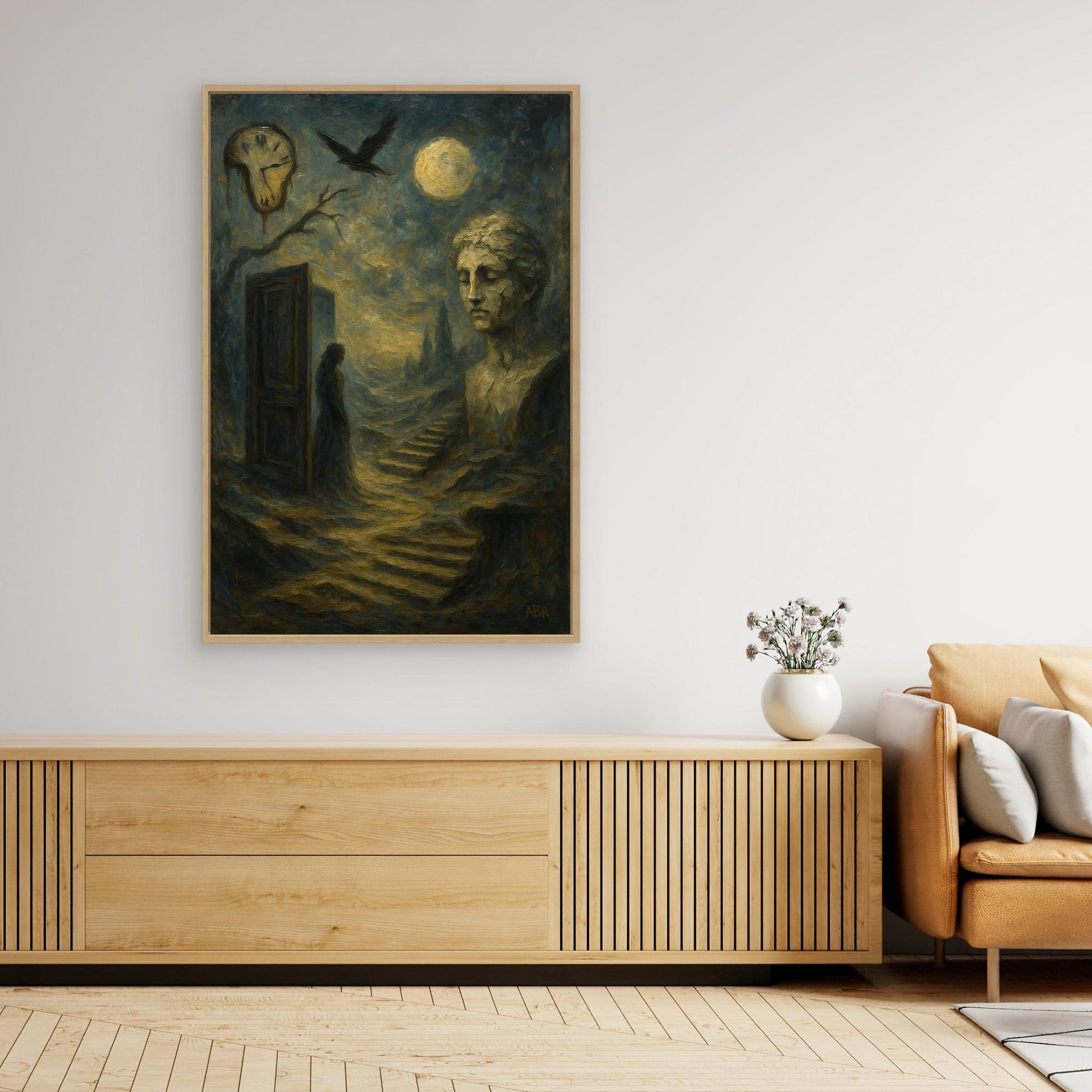 Surreal Dreamscape Canvas Wall Art – Moon and Statue