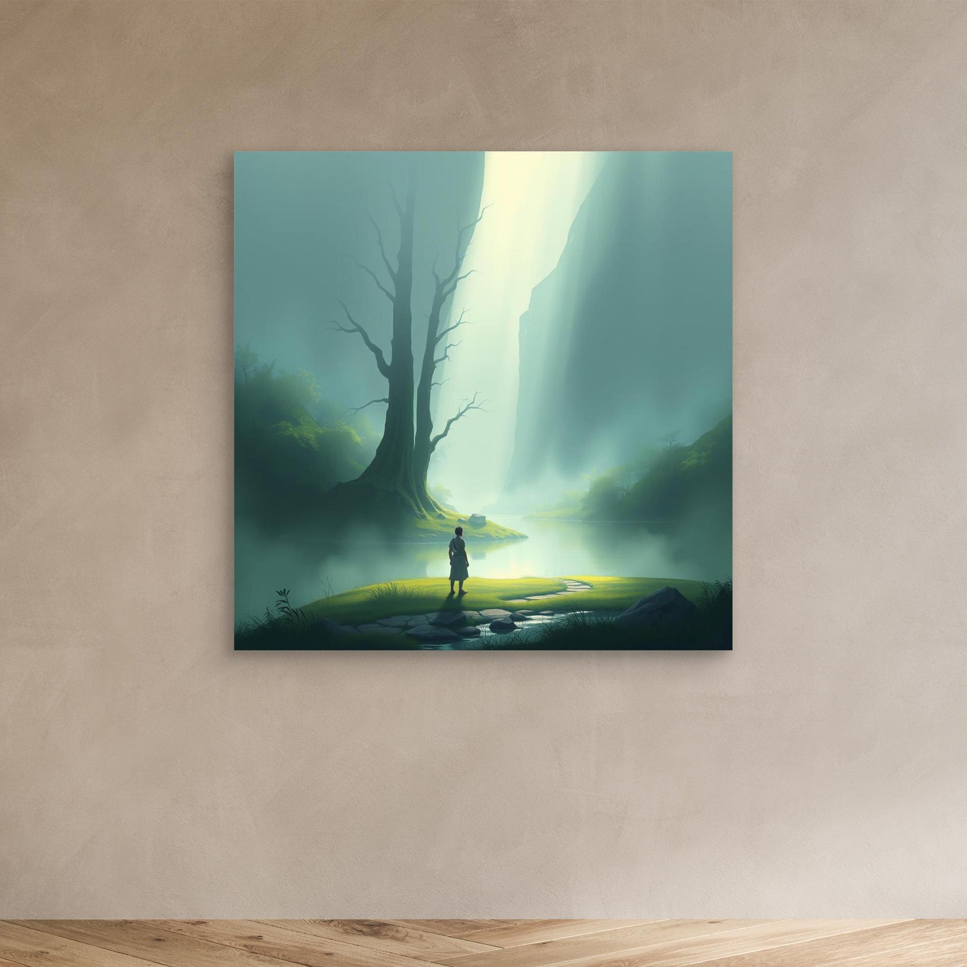 Misty Valley Awakening – Minimalist Nature Canvas Wall Art with Soft Light and Serenity
