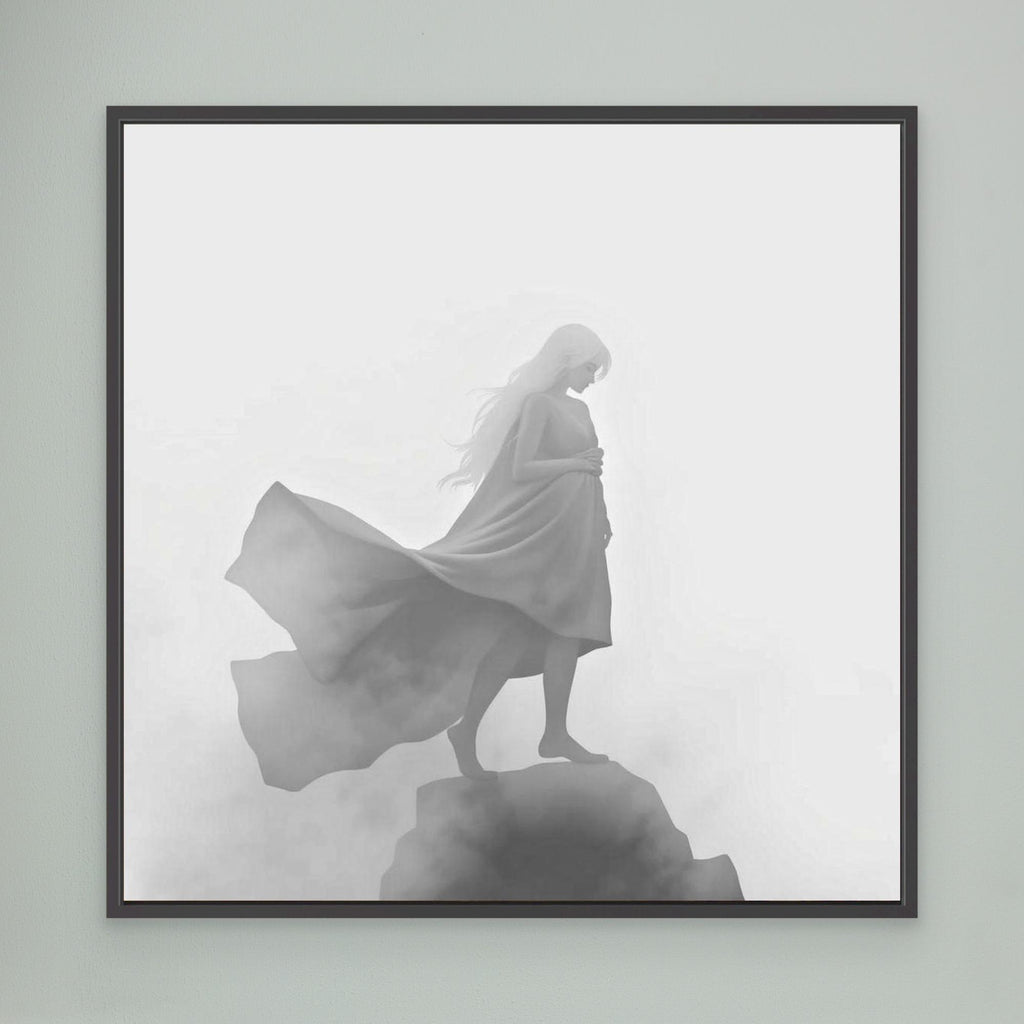 Veil of the Mist – Minimalist Black and White Canvas Wall Art of a Mysterious Woman in the Fog