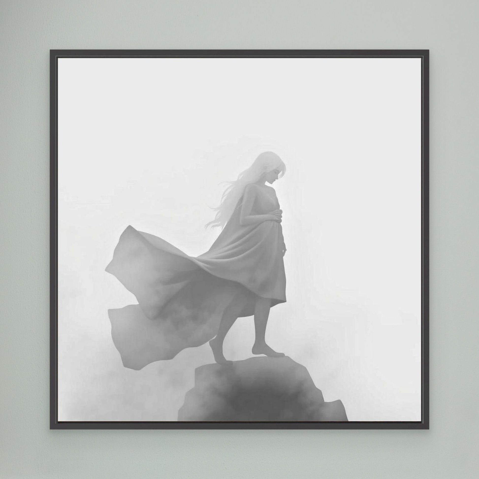 Veil of the Mist – Minimalist Black and White Canvas Wall Art of a Mysterious Woman in the Fog