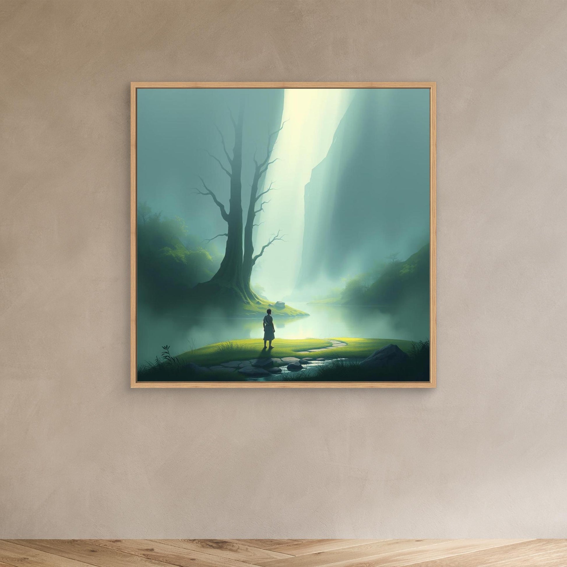 Misty Valley Awakening – Minimalist Nature Canvas Wall Art with Soft Light and Serenity