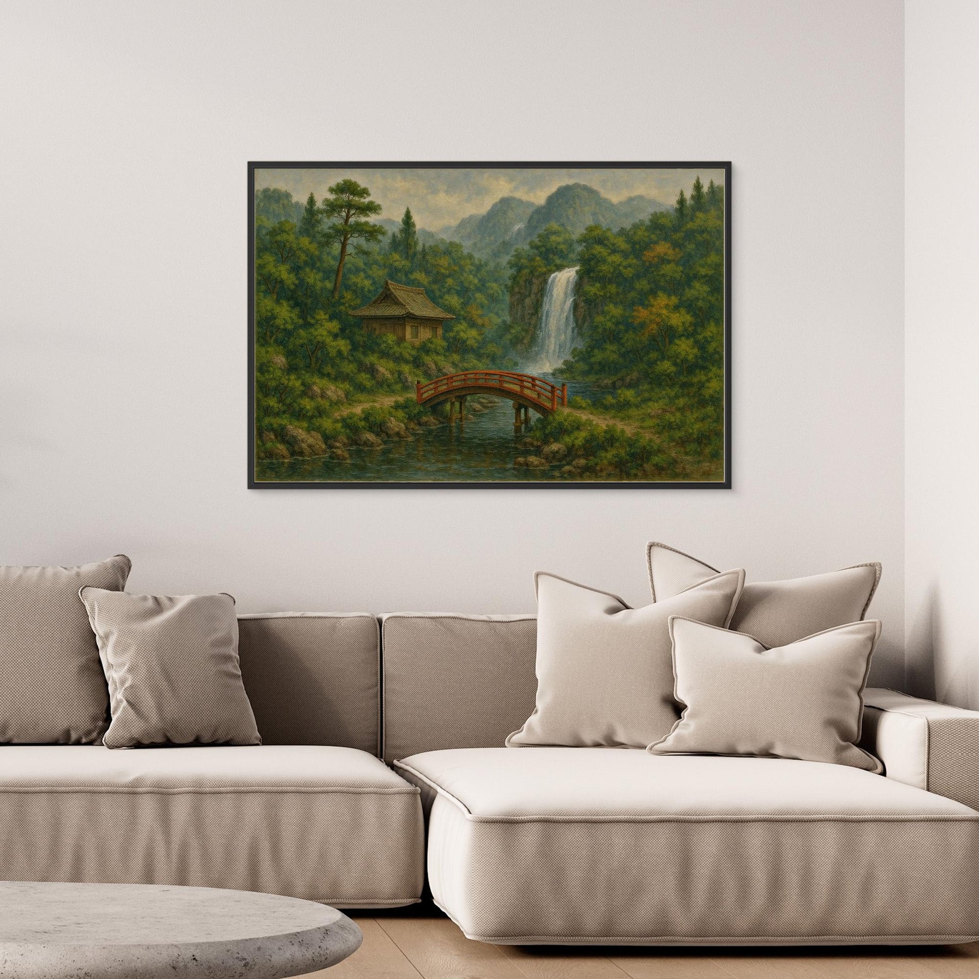 Japanese Bridge & Waterfall Canvas Wall Art – Tranquil Nature Landscape Print