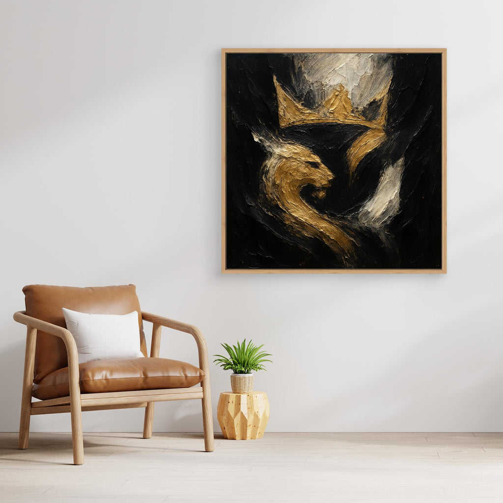 Crowned Lion Canvas Wall Art – Abstract Gold and Black Painting