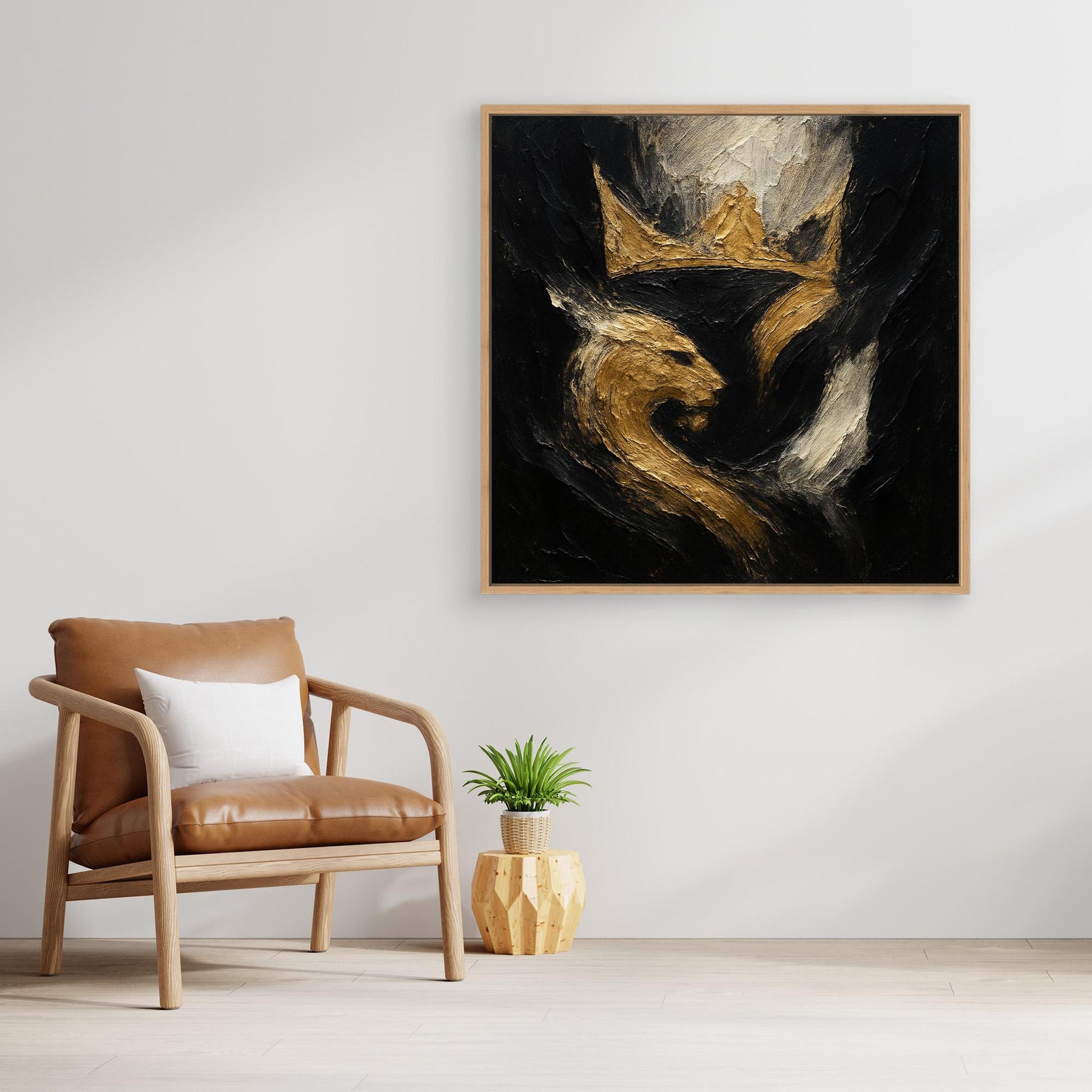 Crowned Lion Canvas Wall Art – Abstract Gold and Black Painting