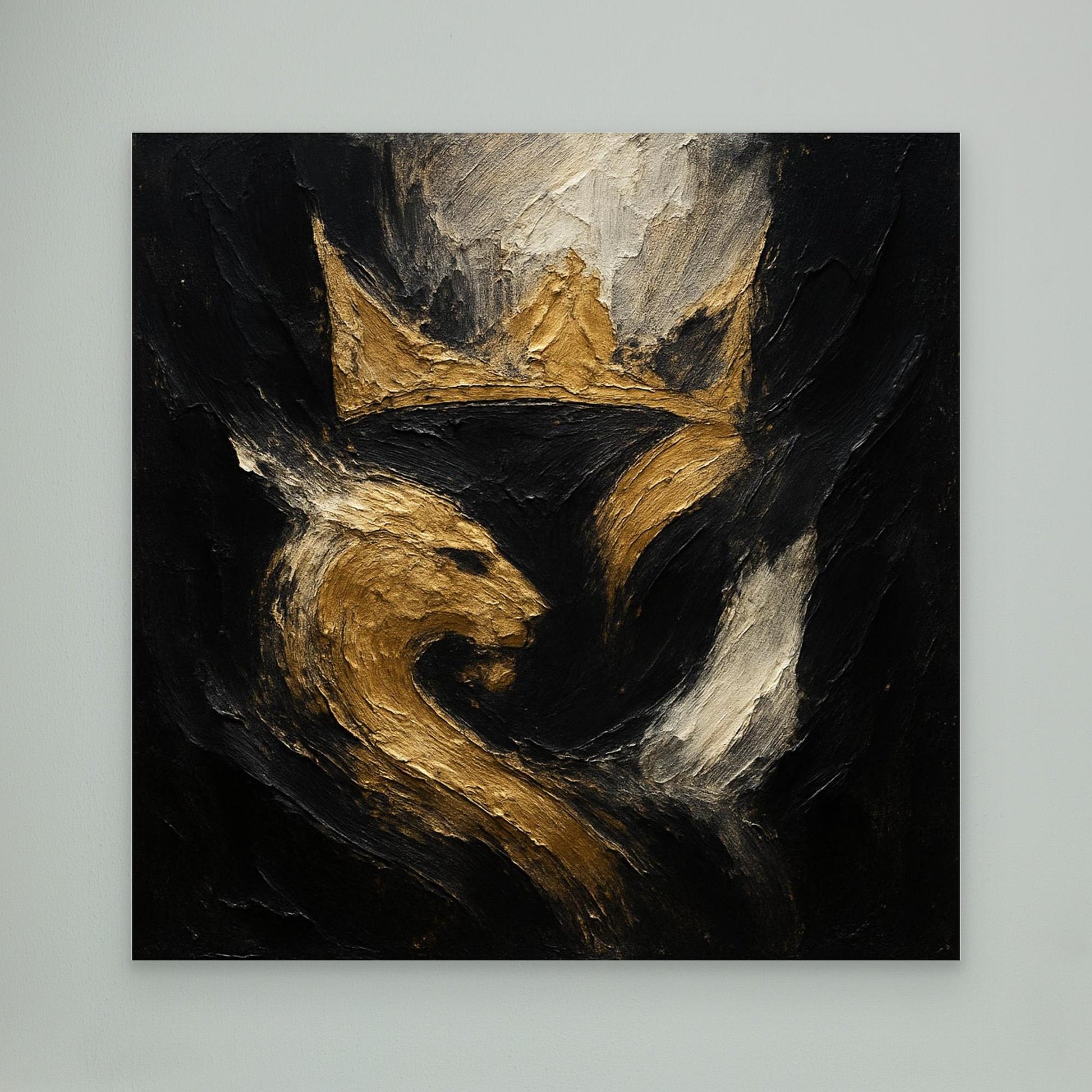 Crowned Lion Canvas Wall Art – Abstract Gold and Black Painting