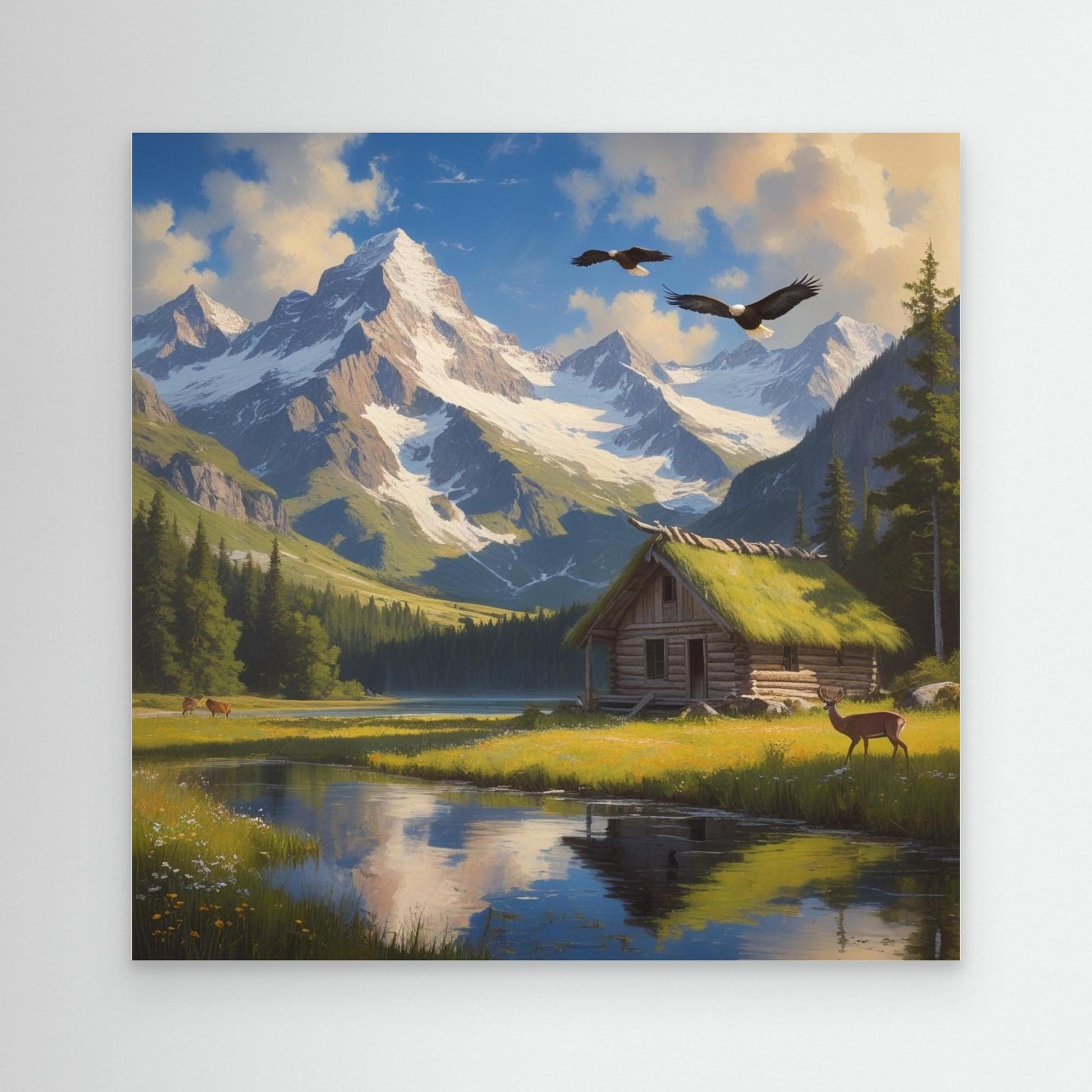 Still Waters Cabin – Mountain Landscape with Wildlife Canvas Art