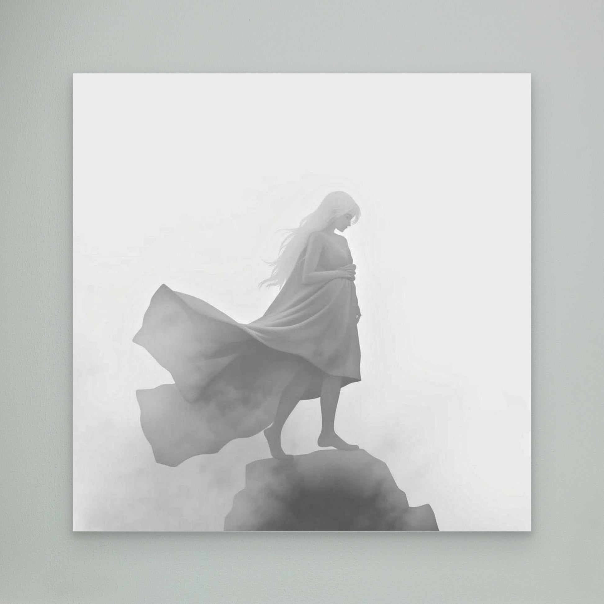 Veil of the Mist – Minimalist Black and White Canvas Wall Art of a Mysterious Woman in the Fog