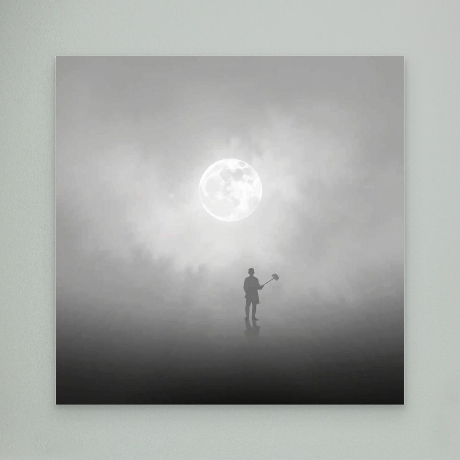 The Digger of Dreams – Minimalist Misty Landscape Art with Full Moon & Shovel Silhouette”