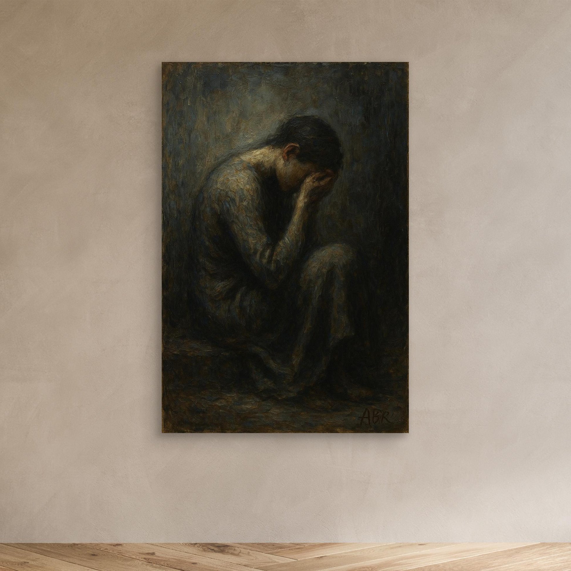 Dark Figurative Canvas Wall Art – Grief in Silence