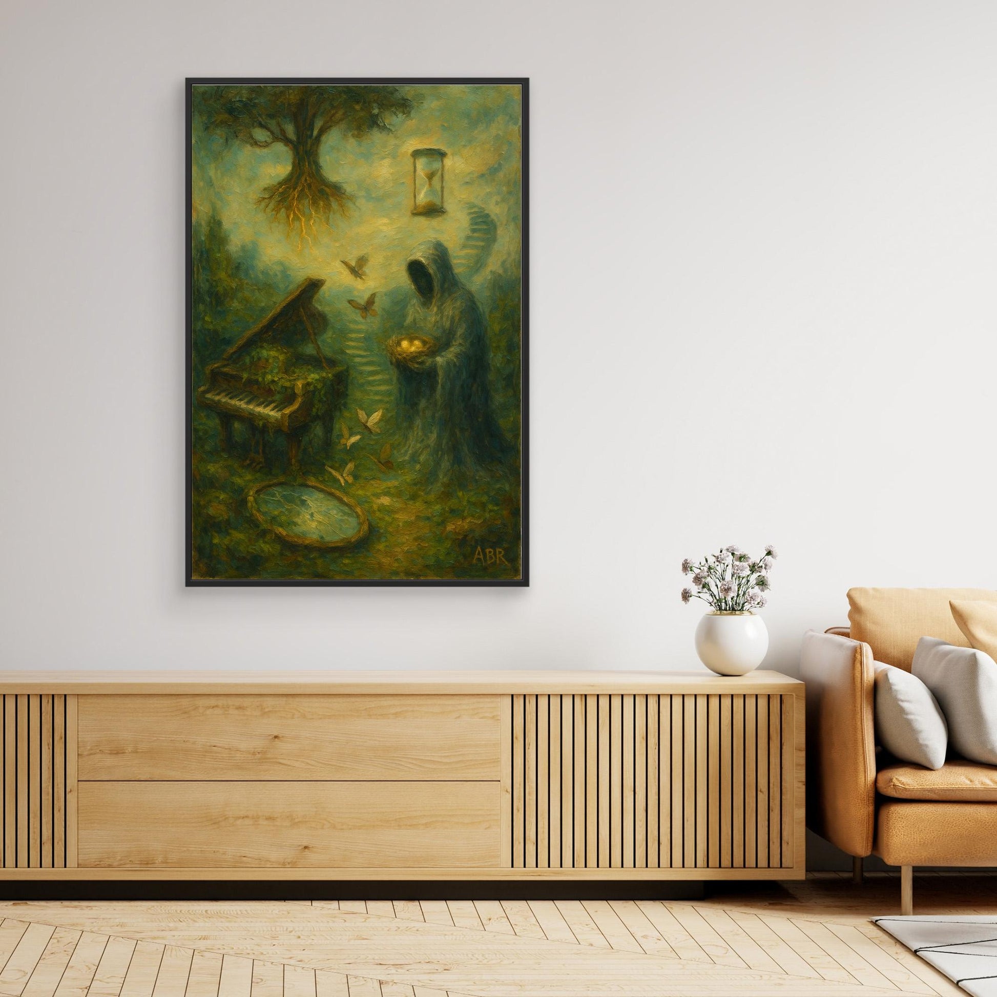 Surreal Canvas Wall Art with Hooded Figure and Piano