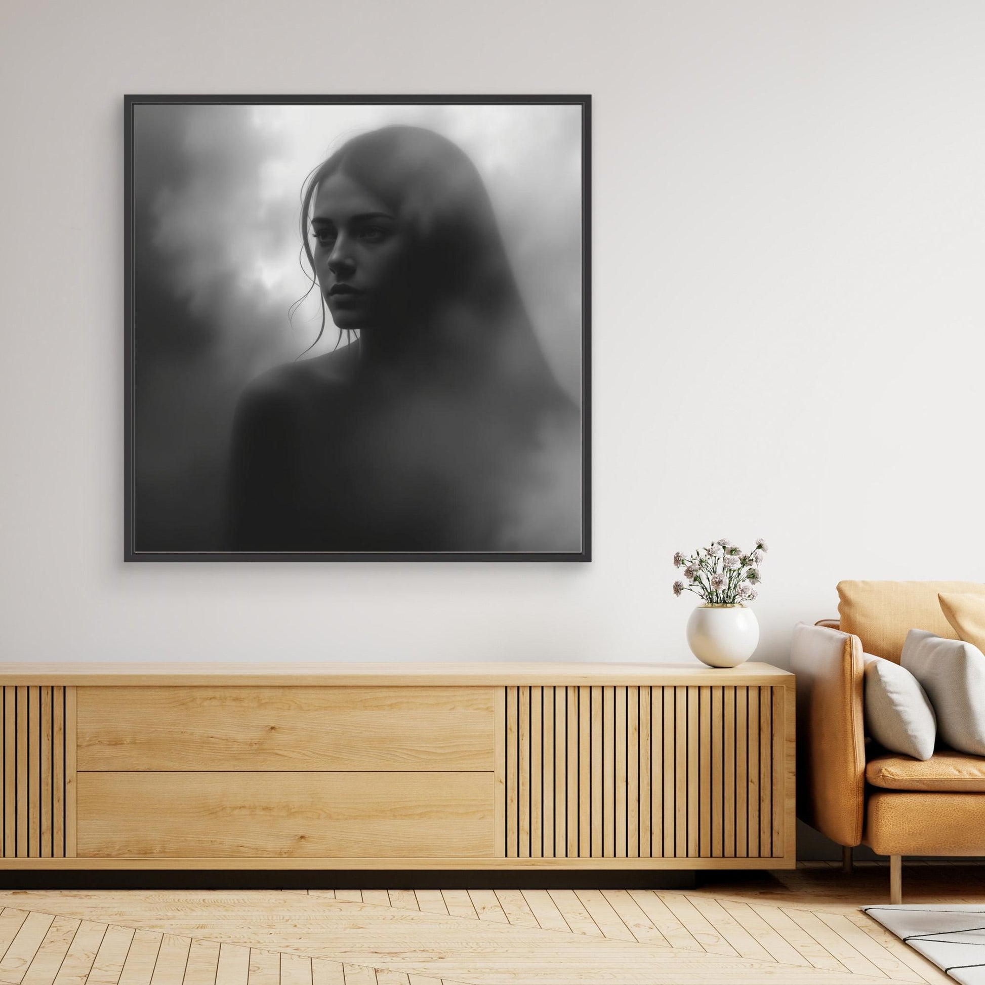 Veiled in Shadows – Black and White Portrait Canvas Print | Emotional Fine Art Photography