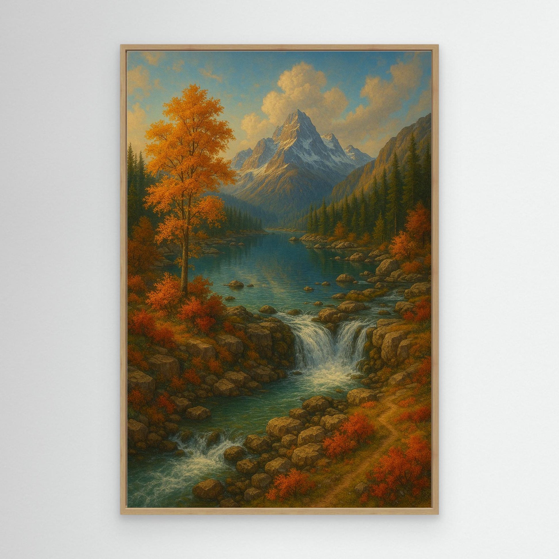 Mountain Waterfall Canvas Wall Art – Autumn Nature Landscape Print
