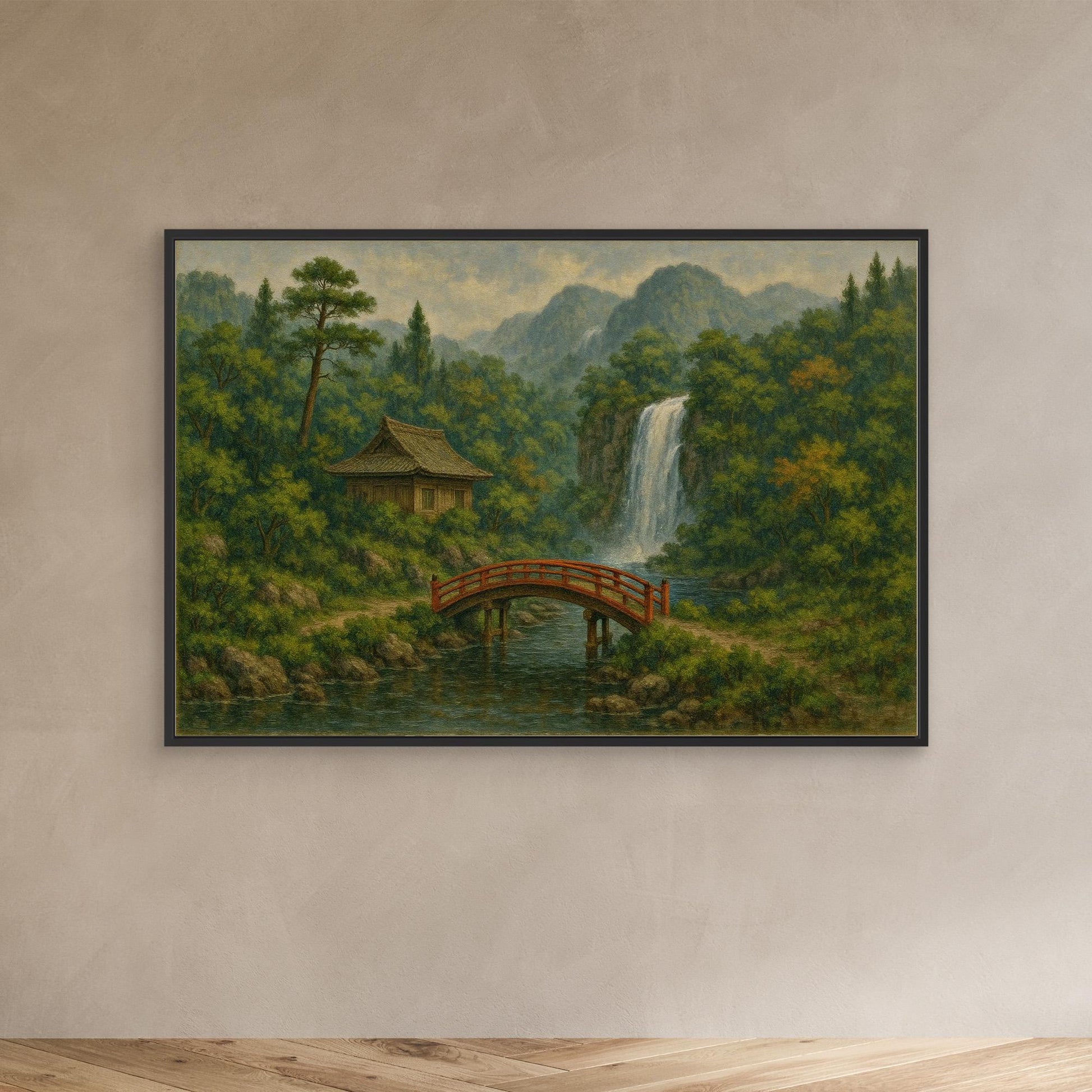 Japanese Bridge & Waterfall Canvas Wall Art – Tranquil Nature Landscape Print