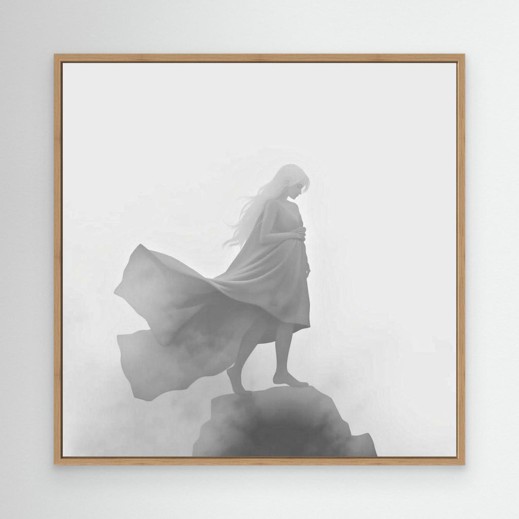 Veil of the Mist – Minimalist Black and White Canvas Wall Art of a Mysterious Woman in the Fog