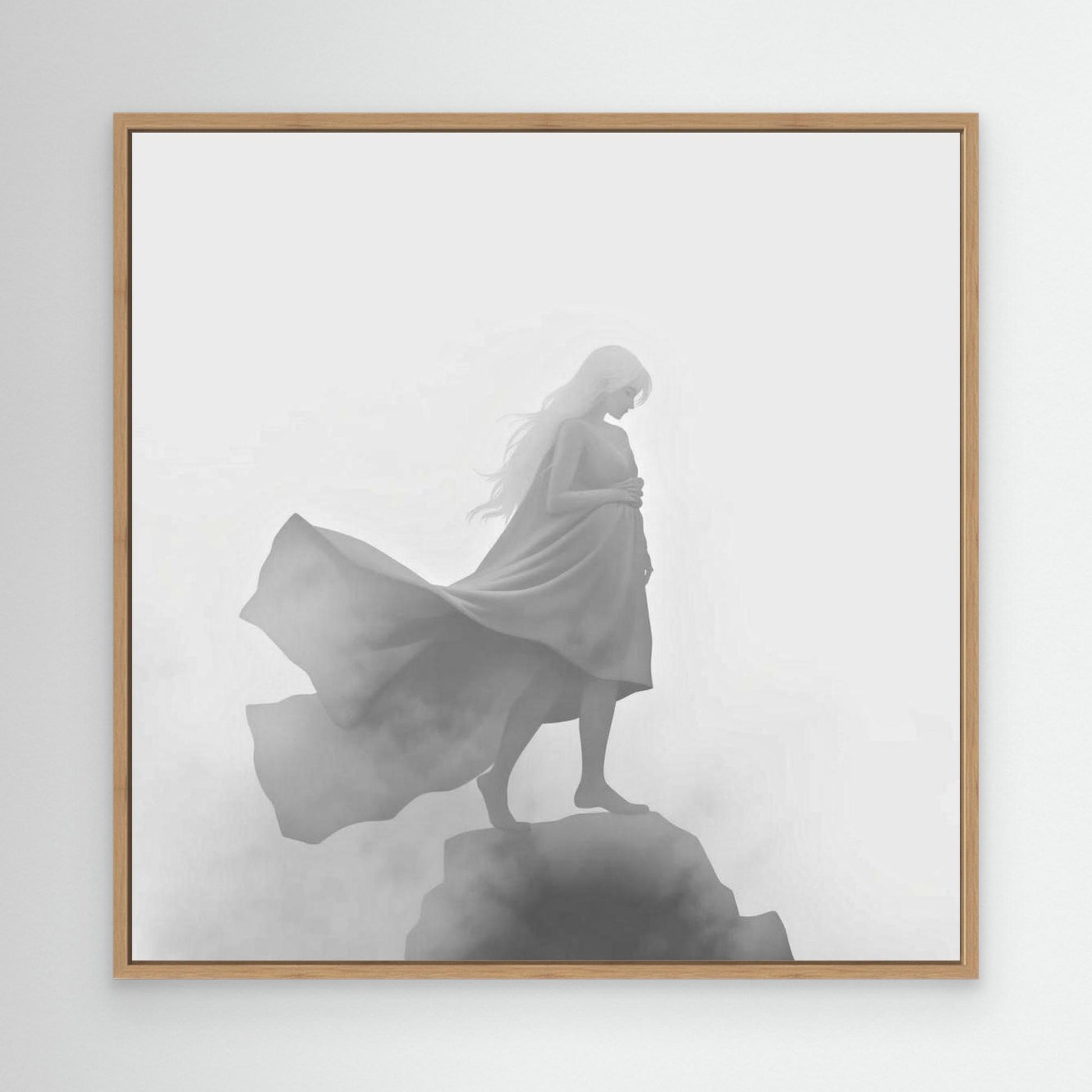 Veil of the Mist – Minimalist Black and White Canvas Wall Art of a Mysterious Woman in the Fog