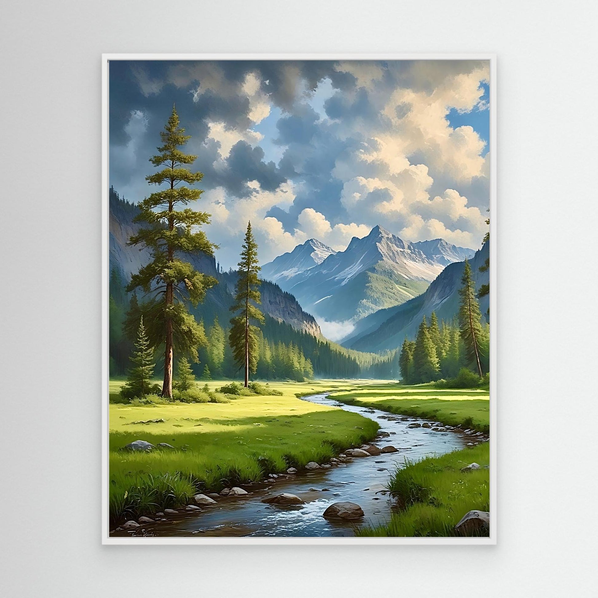 Mountain Valley Canvas Wall Art – Scenic River, Forest & Clouds Landscape Print