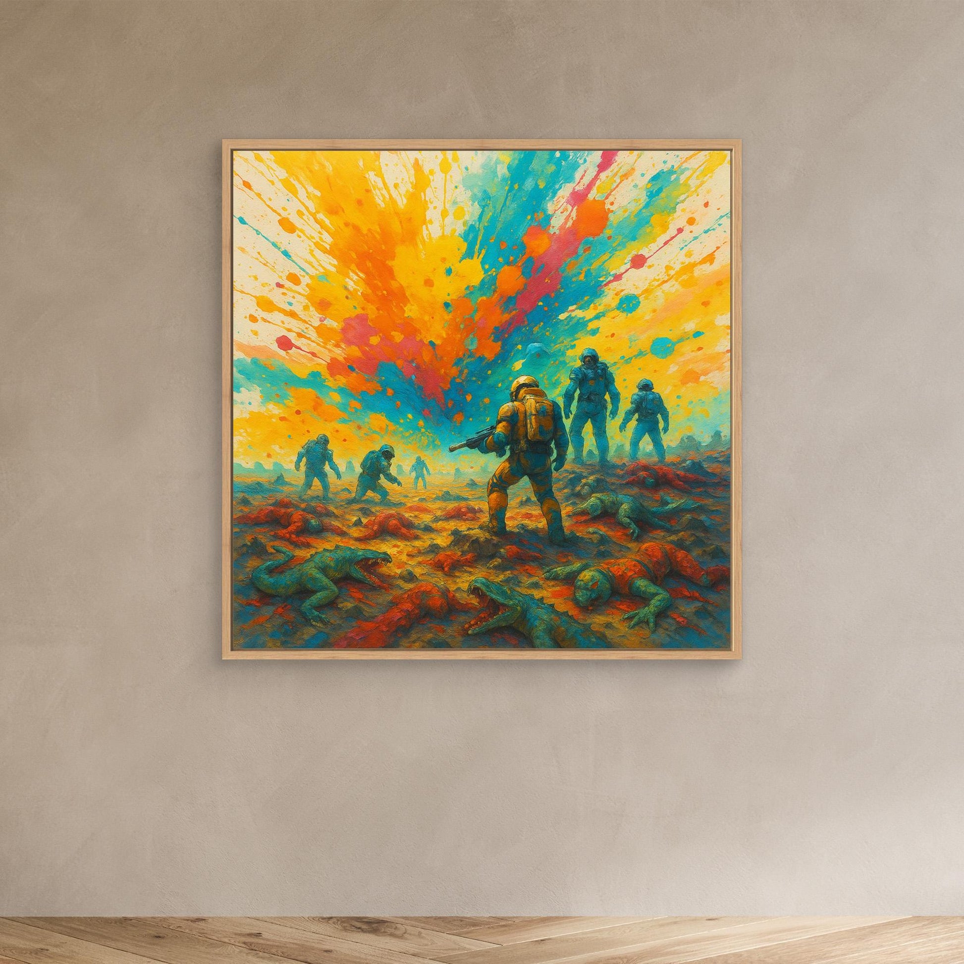Galactic Apes: Explosion of Victory – Colorful Sci-Fi Canvas Wall Art Print