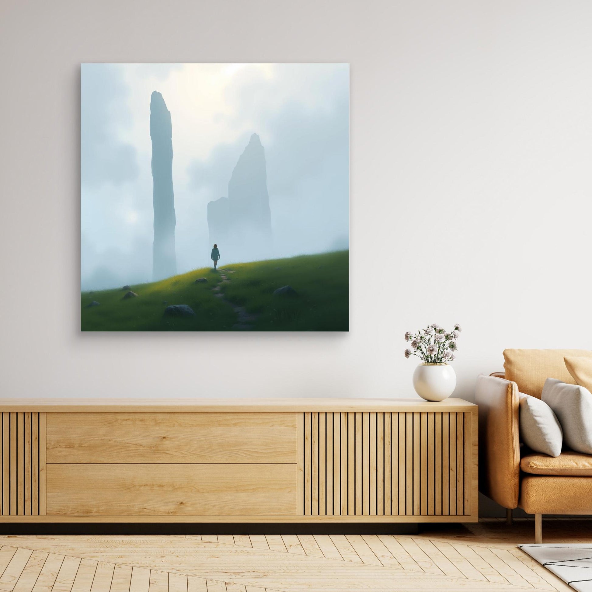 Wanderer of the Mist – Minimalist Nature Canvas Wall Art | Foggy Mountains & Lone Explorer Print