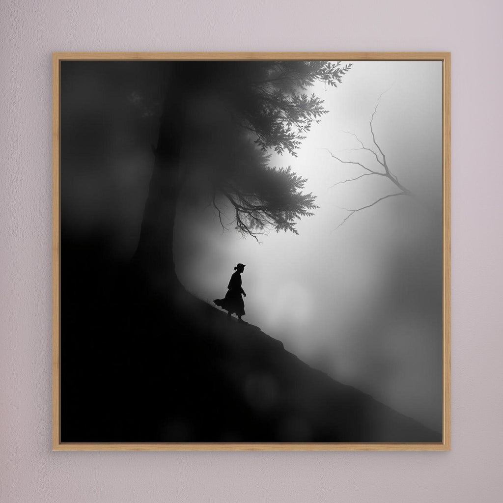 Mystic Walk Through the Fog – Black and White Nature Canvas Wall Art