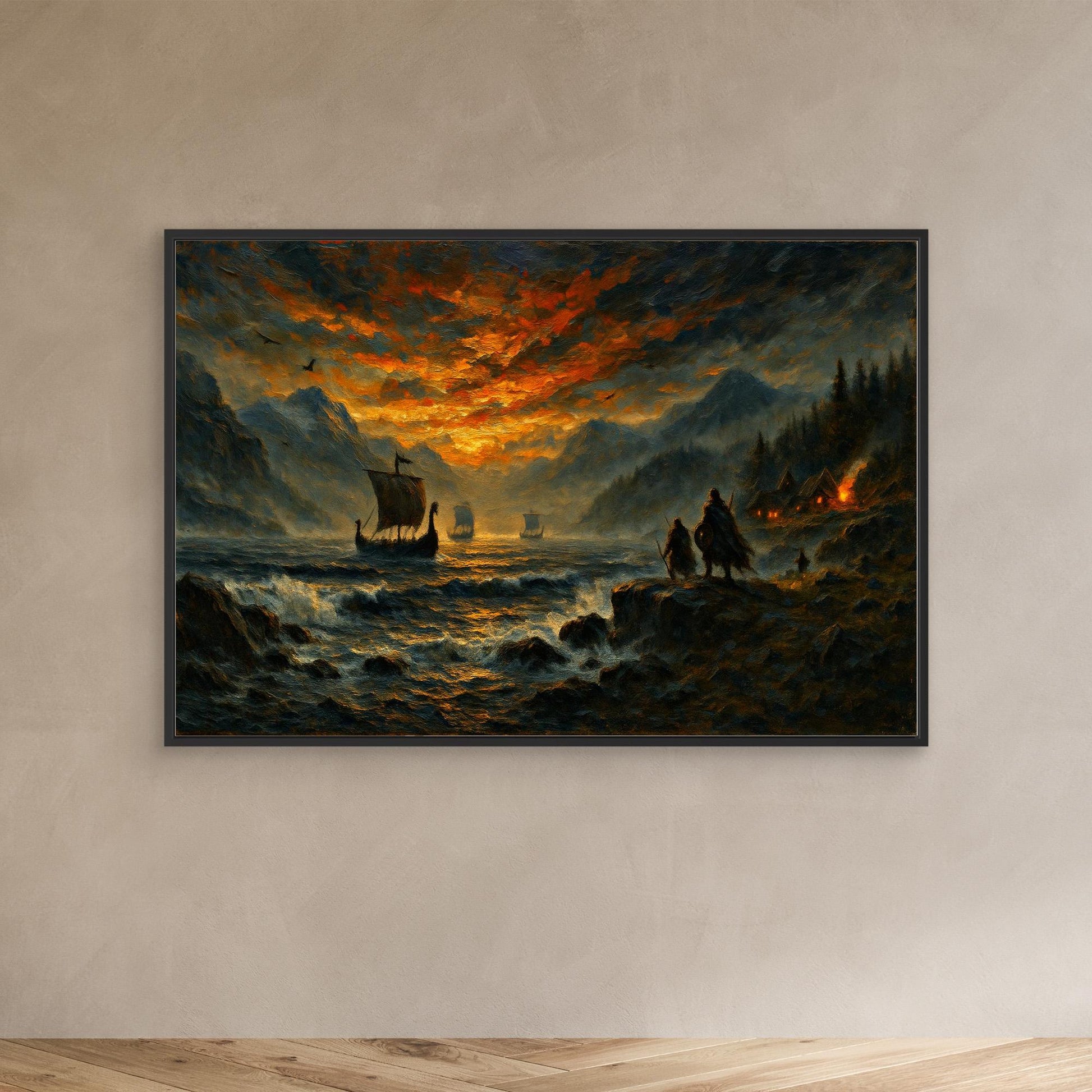 Viking Longship Canvas Wall Art – Dramatic Nordic Sunset Print