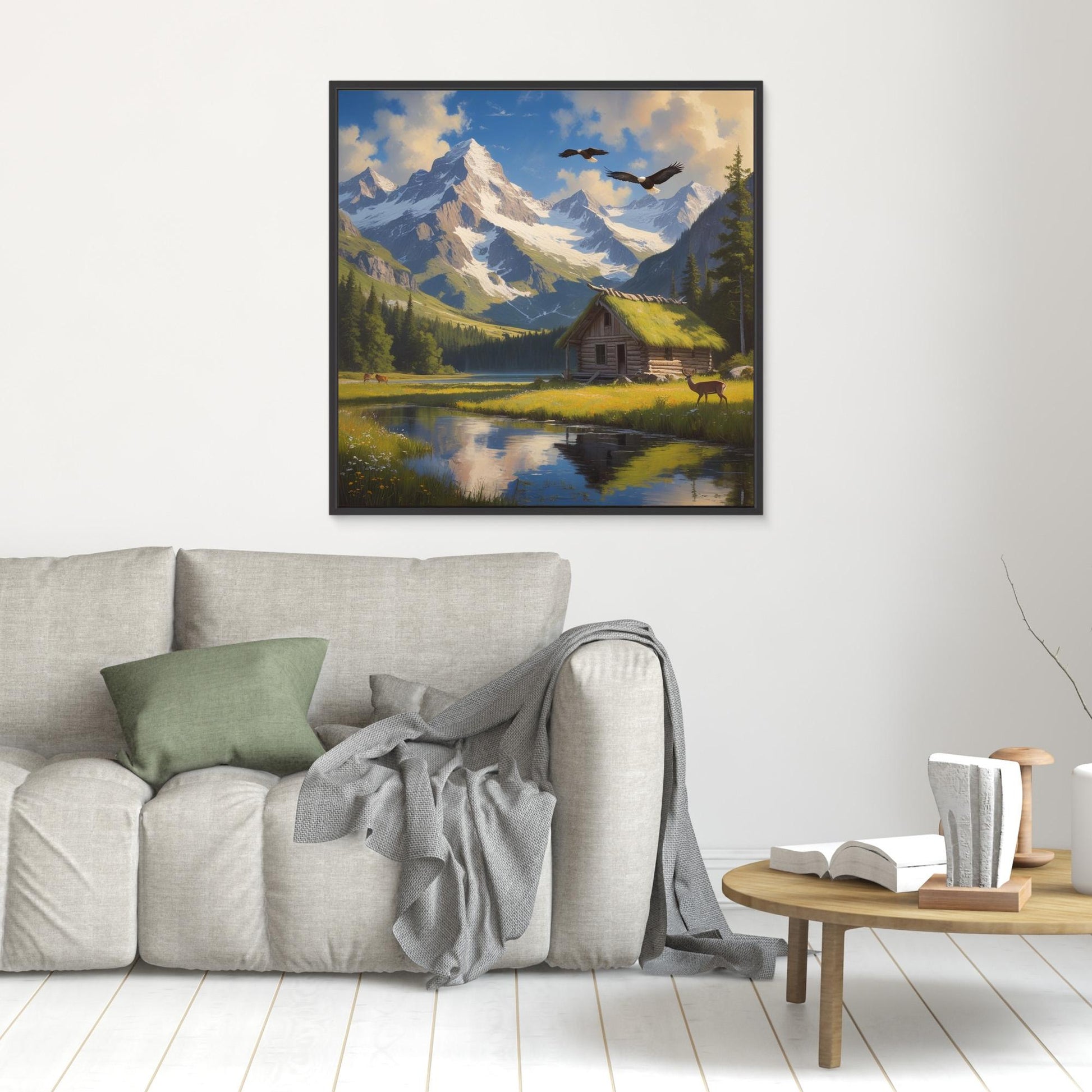 Still Waters Cabin – Mountain Landscape with Wildlife Canvas Art