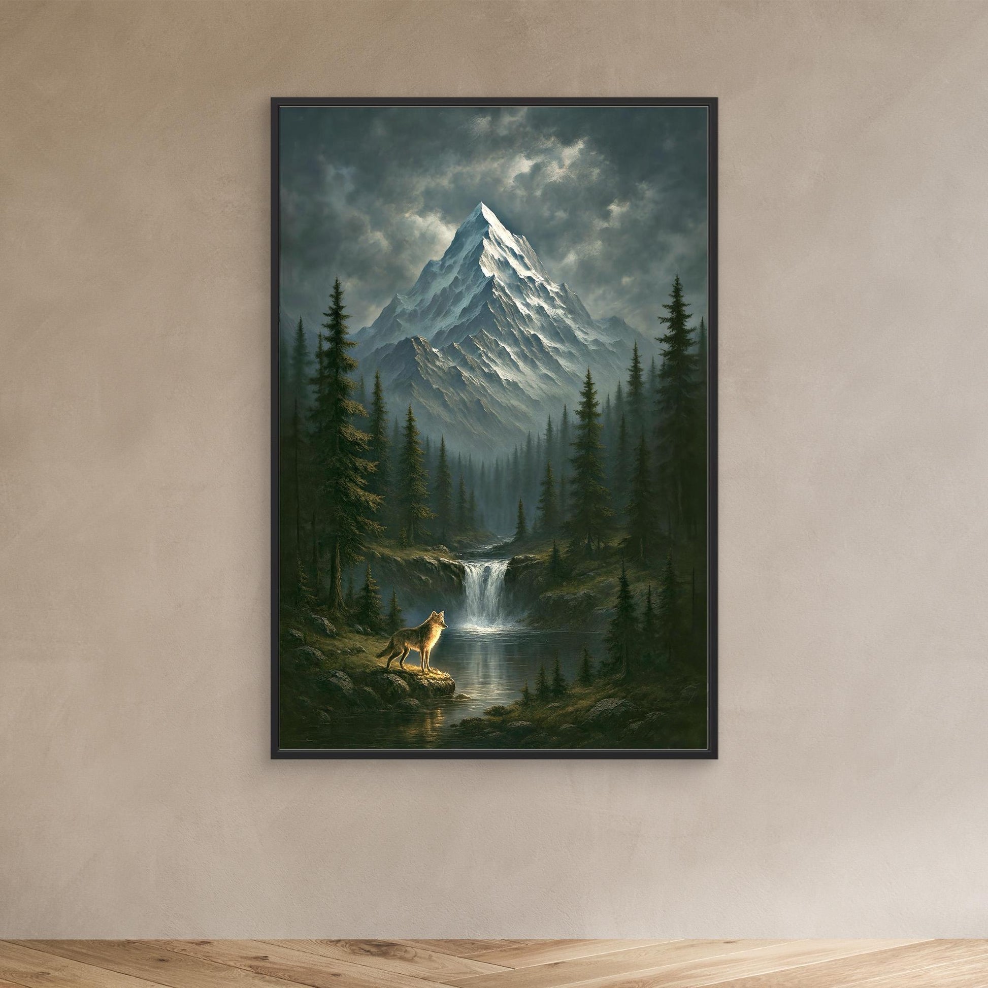 Wilderness Spirit – Wolf, Waterfall & Snowy Mountain Canvas Print