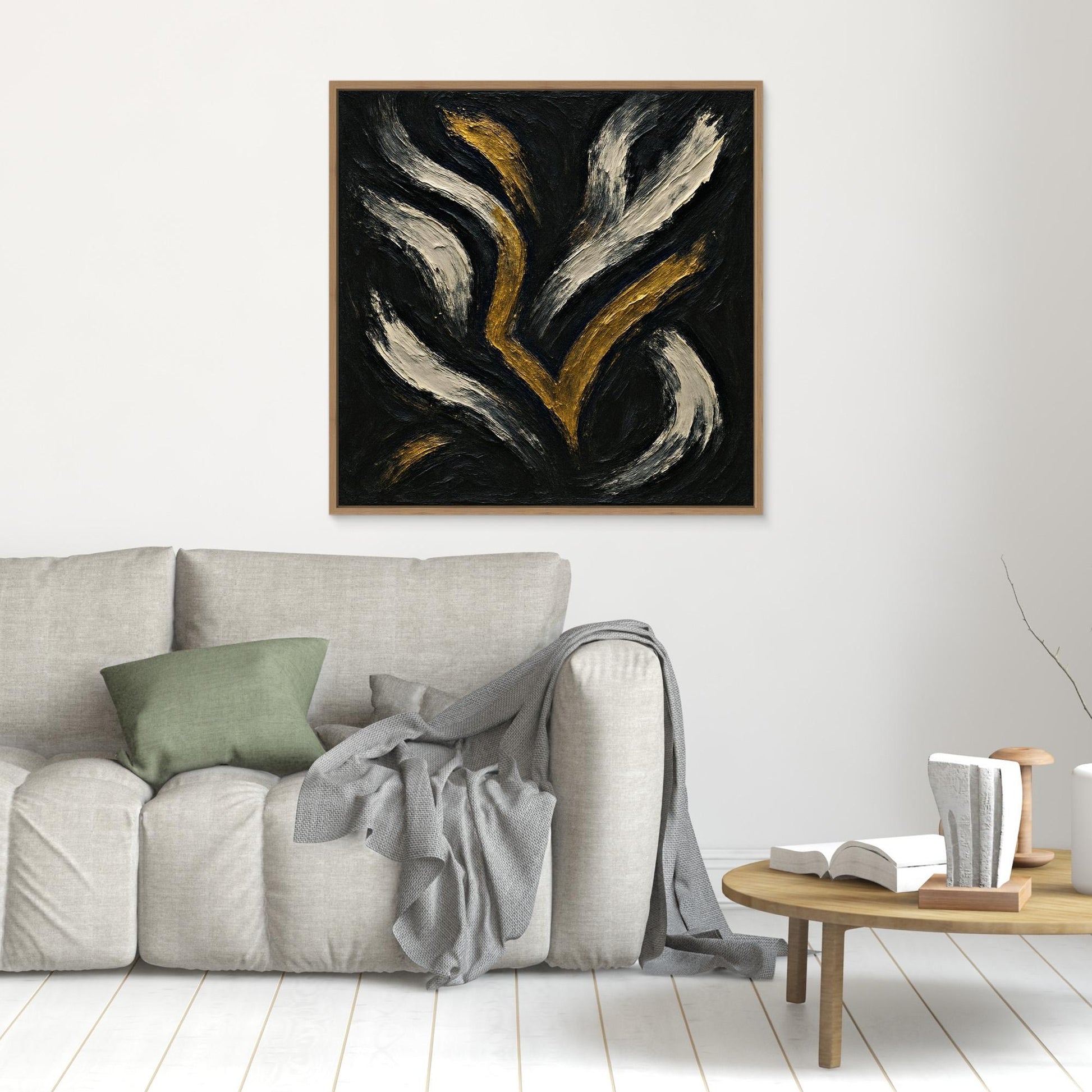 Gold and White Abstract Canvas Wall Art – Flowing Brush Design