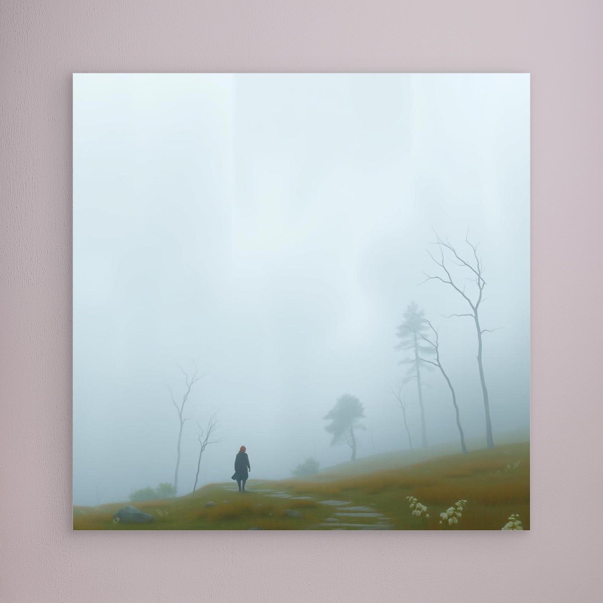 Into the Mist – Minimalist Canvas Wall Art of Woman Walking Through Foggy Landscape
