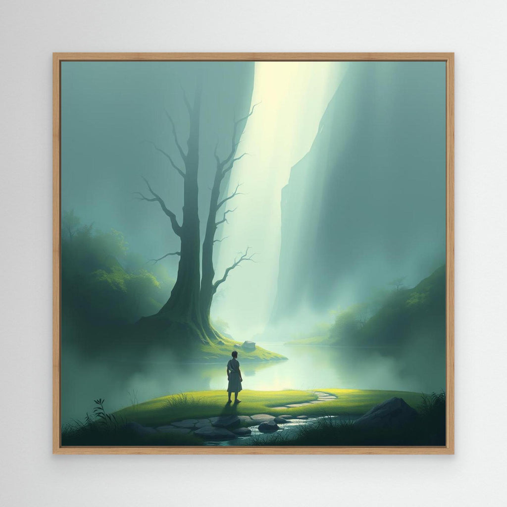 Misty Valley Awakening – Minimalist Nature Canvas Wall Art with Soft Light and Serenity