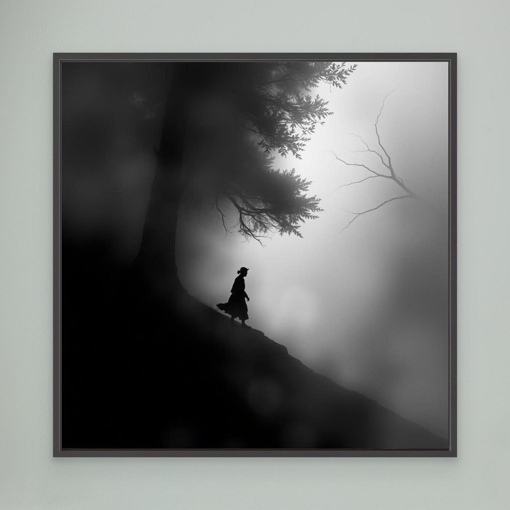 Mystic Walk Through the Fog – Black and White Nature Canvas Wall Art