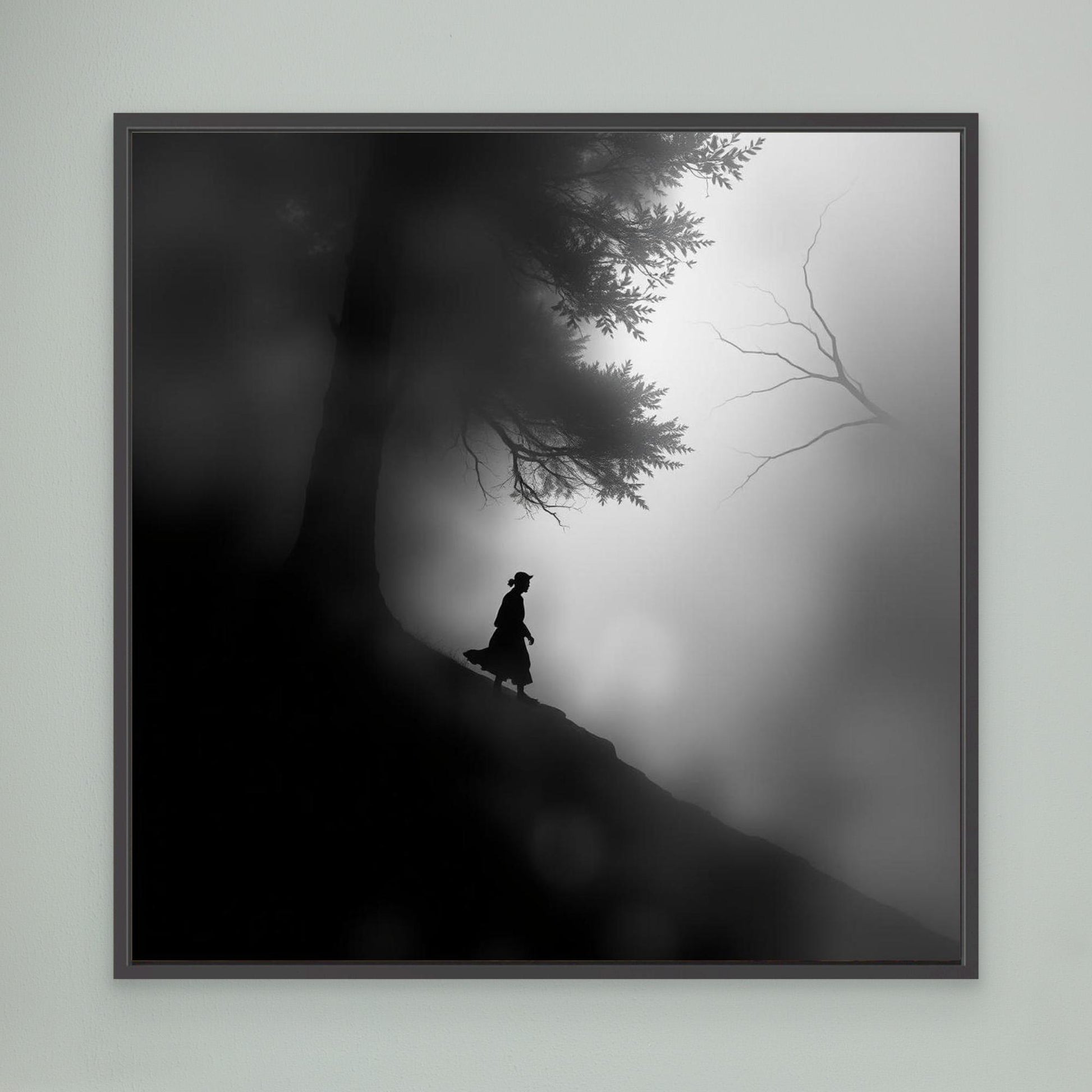 Mystic Walk Through the Fog – Black and White Nature Canvas Wall Art