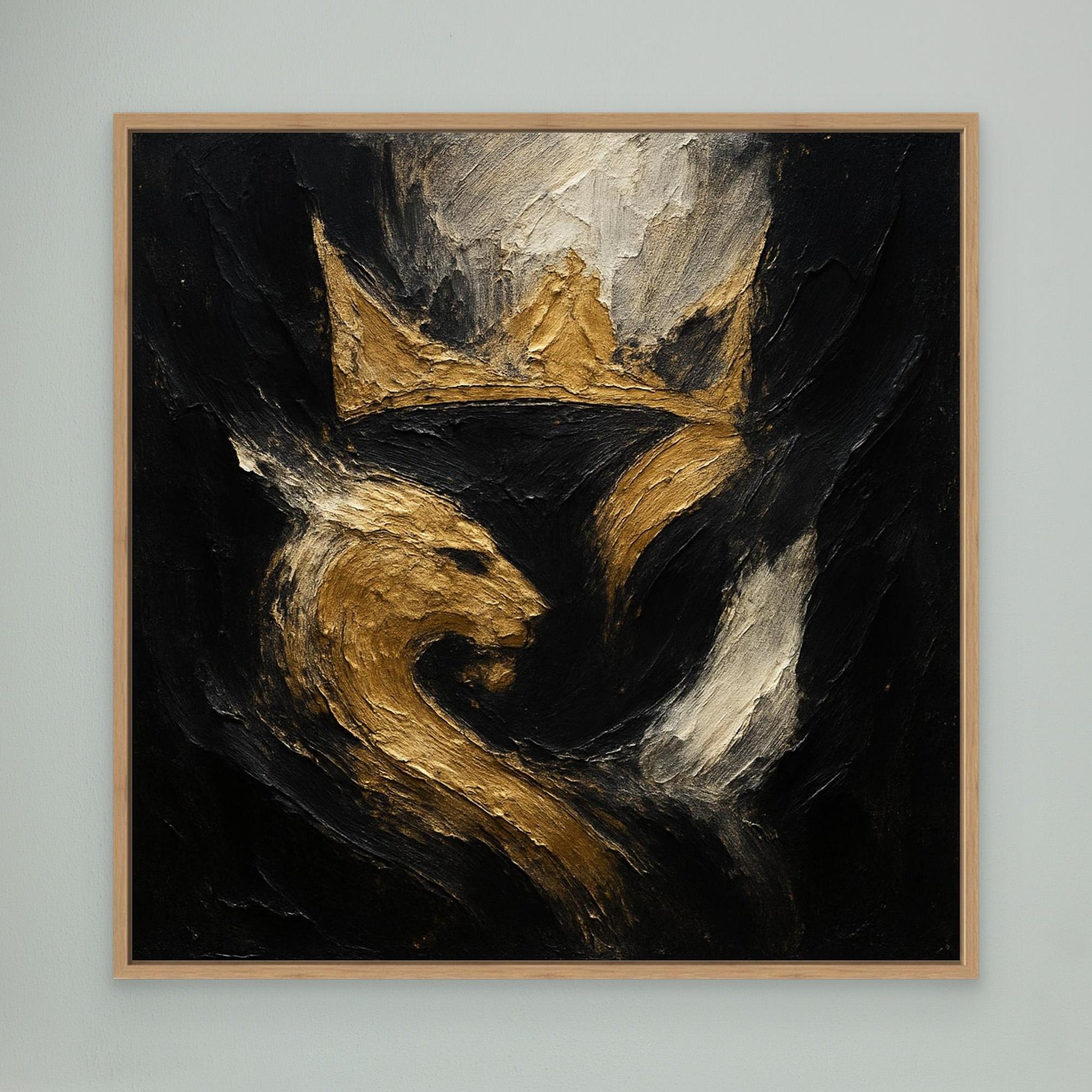 Crowned Lion Canvas Wall Art – Abstract Gold and Black Painting