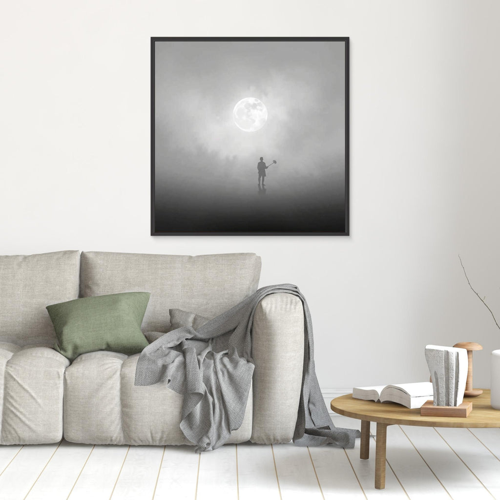 The Digger of Dreams – Minimalist Misty Landscape Art with Full Moon & Shovel Silhouette”