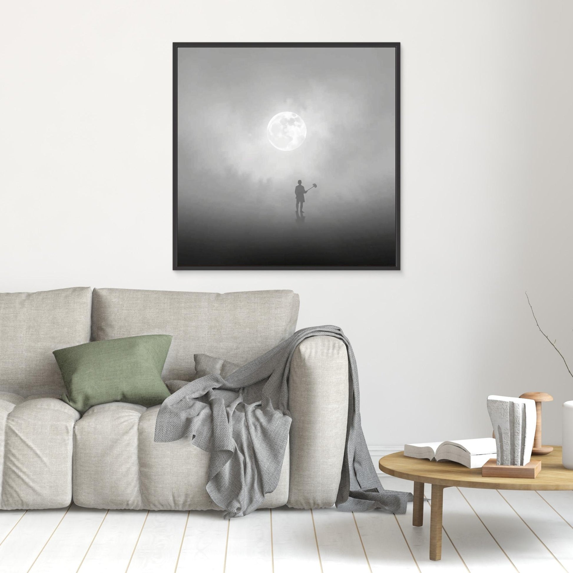 The Digger of Dreams – Minimalist Misty Landscape Art with Full Moon & Shovel Silhouette”