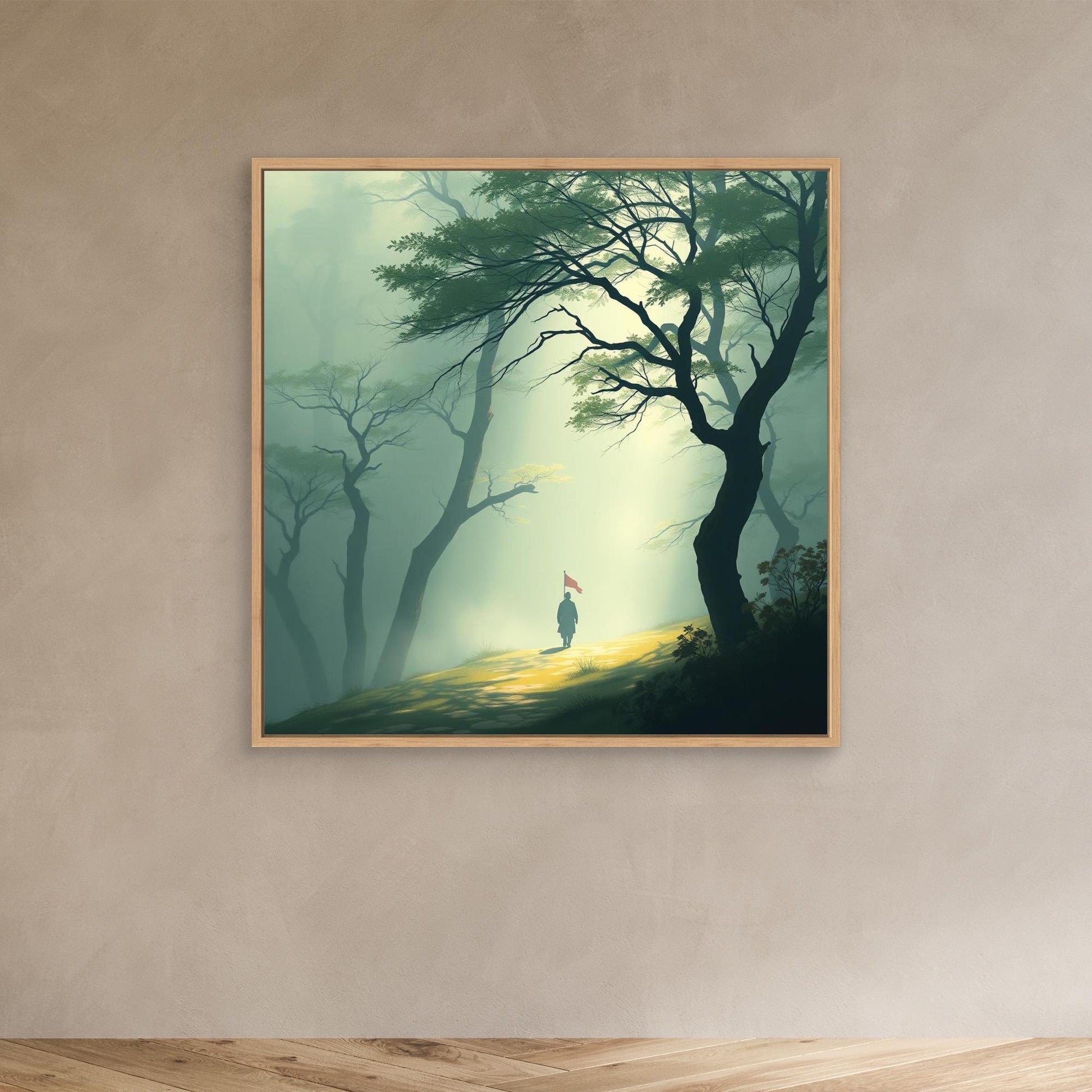 Path of Resolve – Minimalist Forest Canvas Wall Art with Lone Figure and Red Flag
