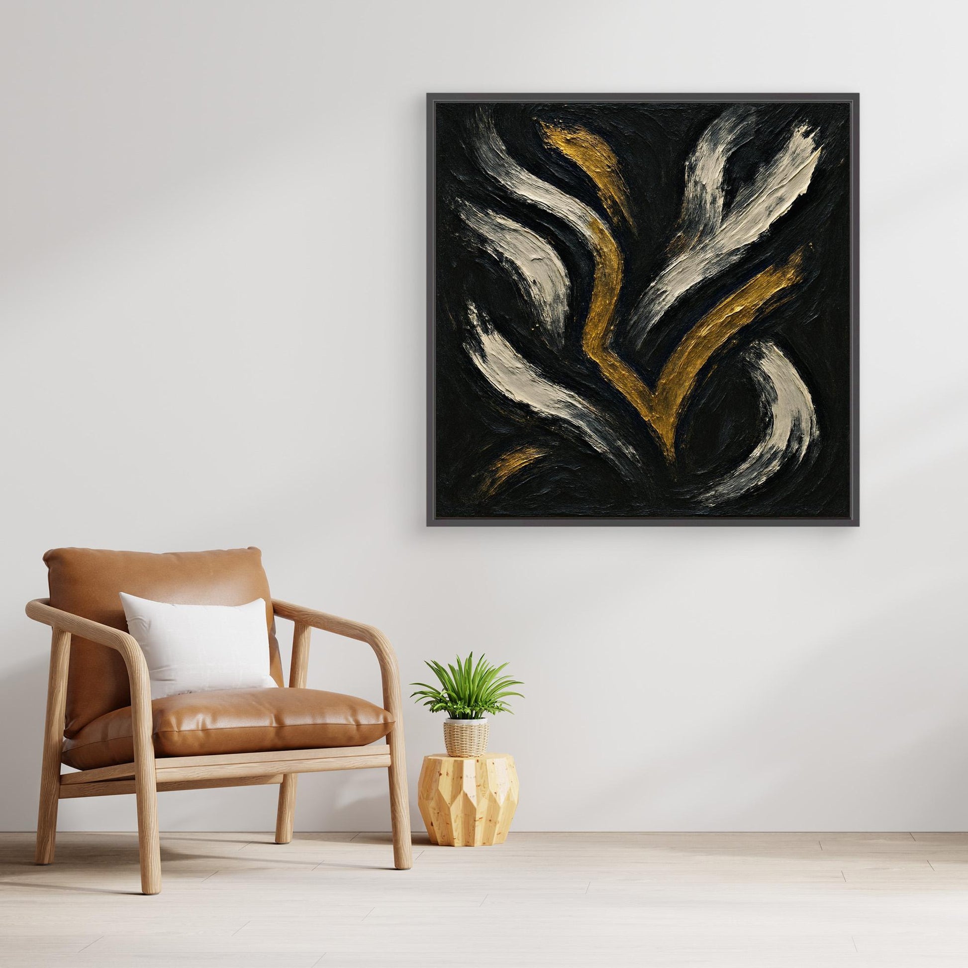 Gold and White Abstract Canvas Wall Art – Flowing Brush Design