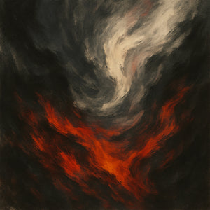 Abstract digital painting with swirling black, red, and white brushstrokes resembling fire and smoke in motion. Square format. Downloadable wall art.