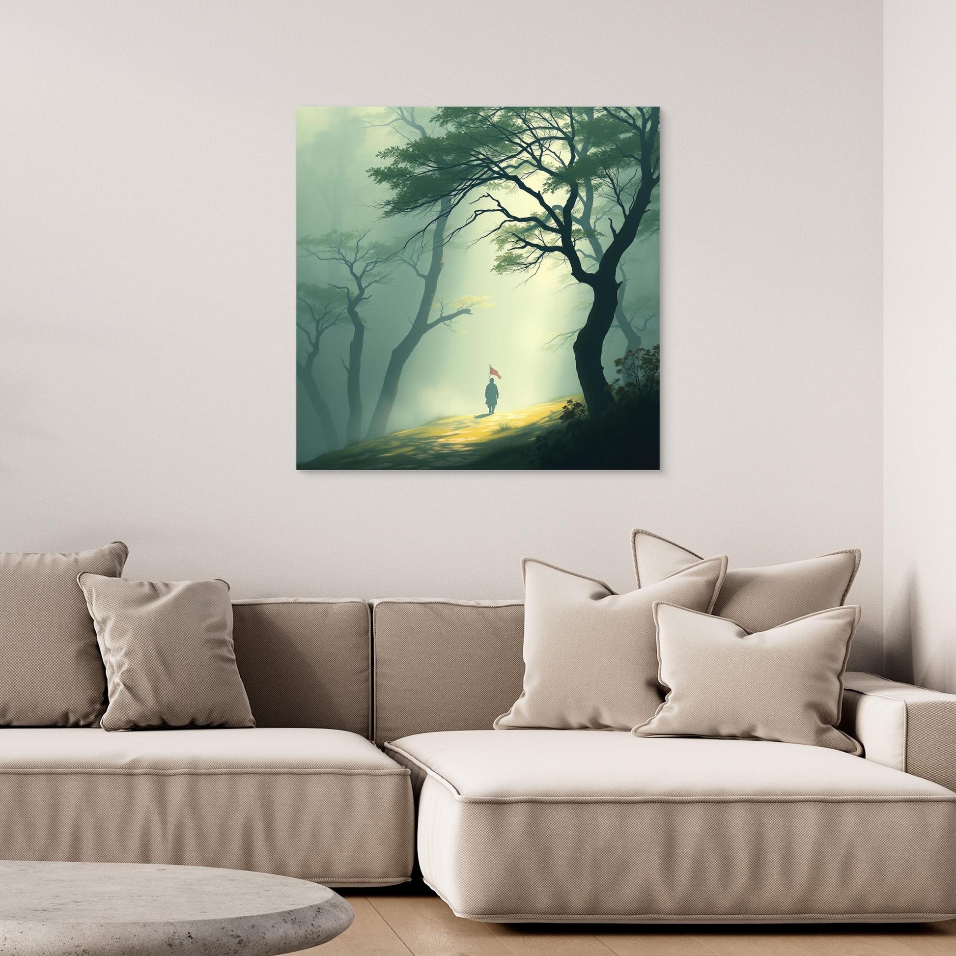 Path of Resolve – Minimalist Forest Canvas Wall Art with Lone Figure and Red Flag