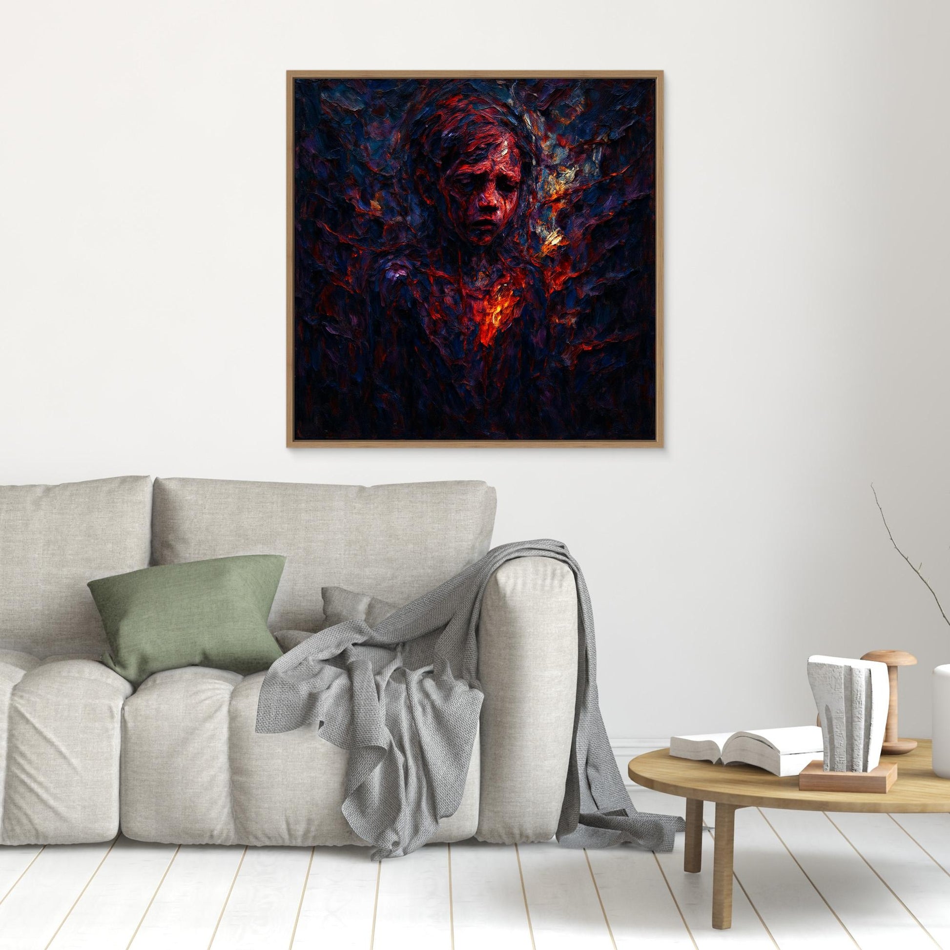 Figurative Fire Portrait – Dark Emotional Canvas Wall Art