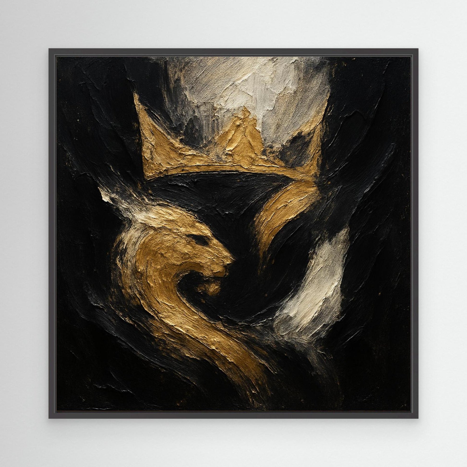 Crowned Lion Canvas Wall Art – Abstract Gold and Black Painting