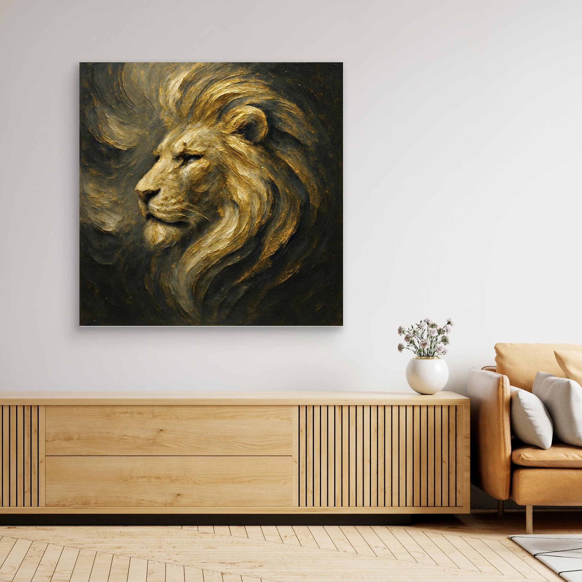 Golden Lion Canvas Wall Art – Regal Abstract Animal Print