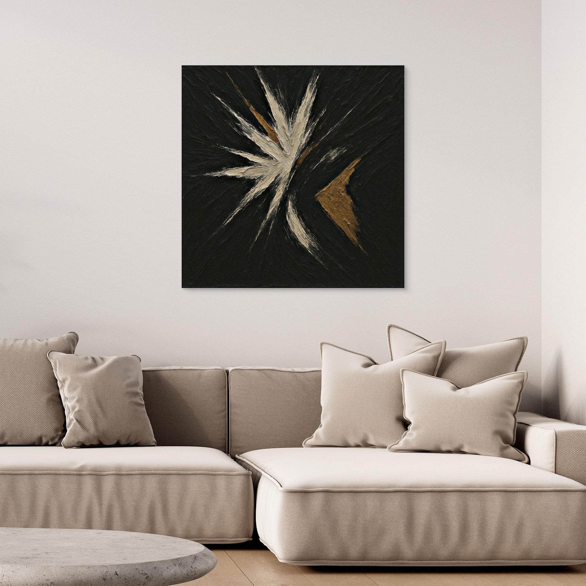 Abstract Starburst Canvas Wall Art – Black, Gold & Ivory