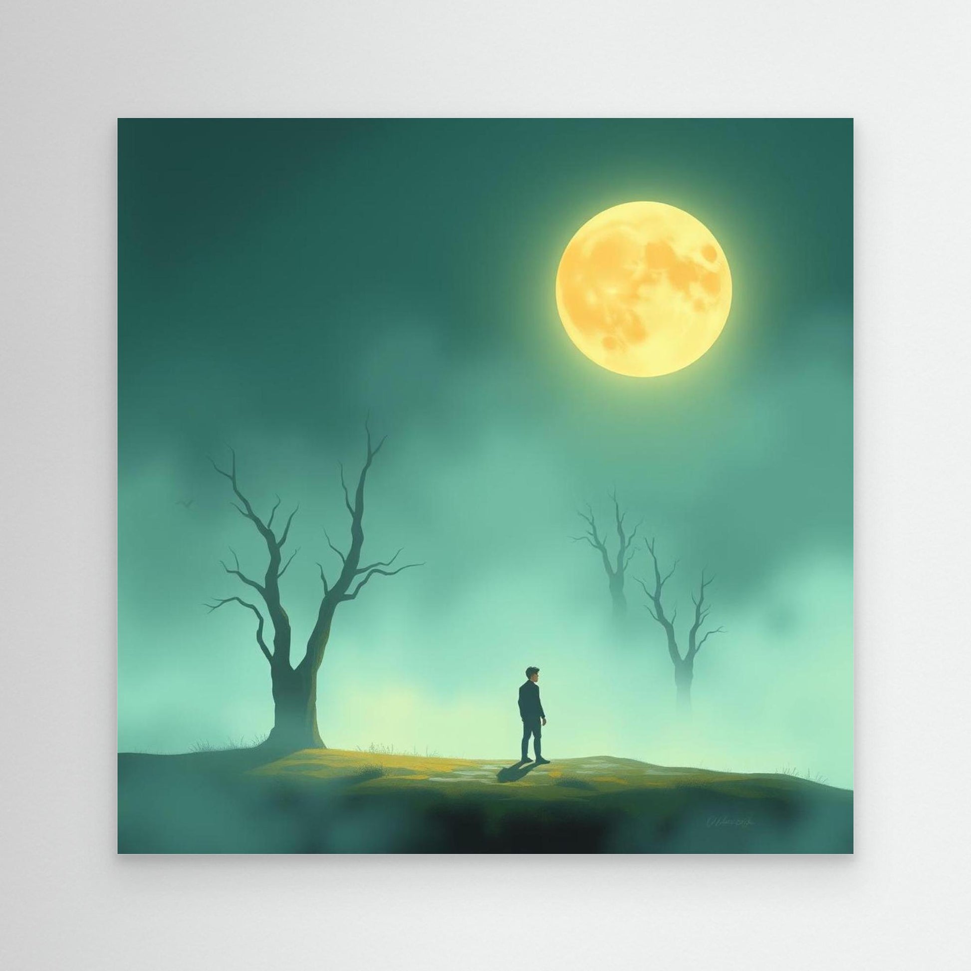 Minimalist Moonlight Silence – Serene Canvas Wall Art in Fog and Full Moonlight