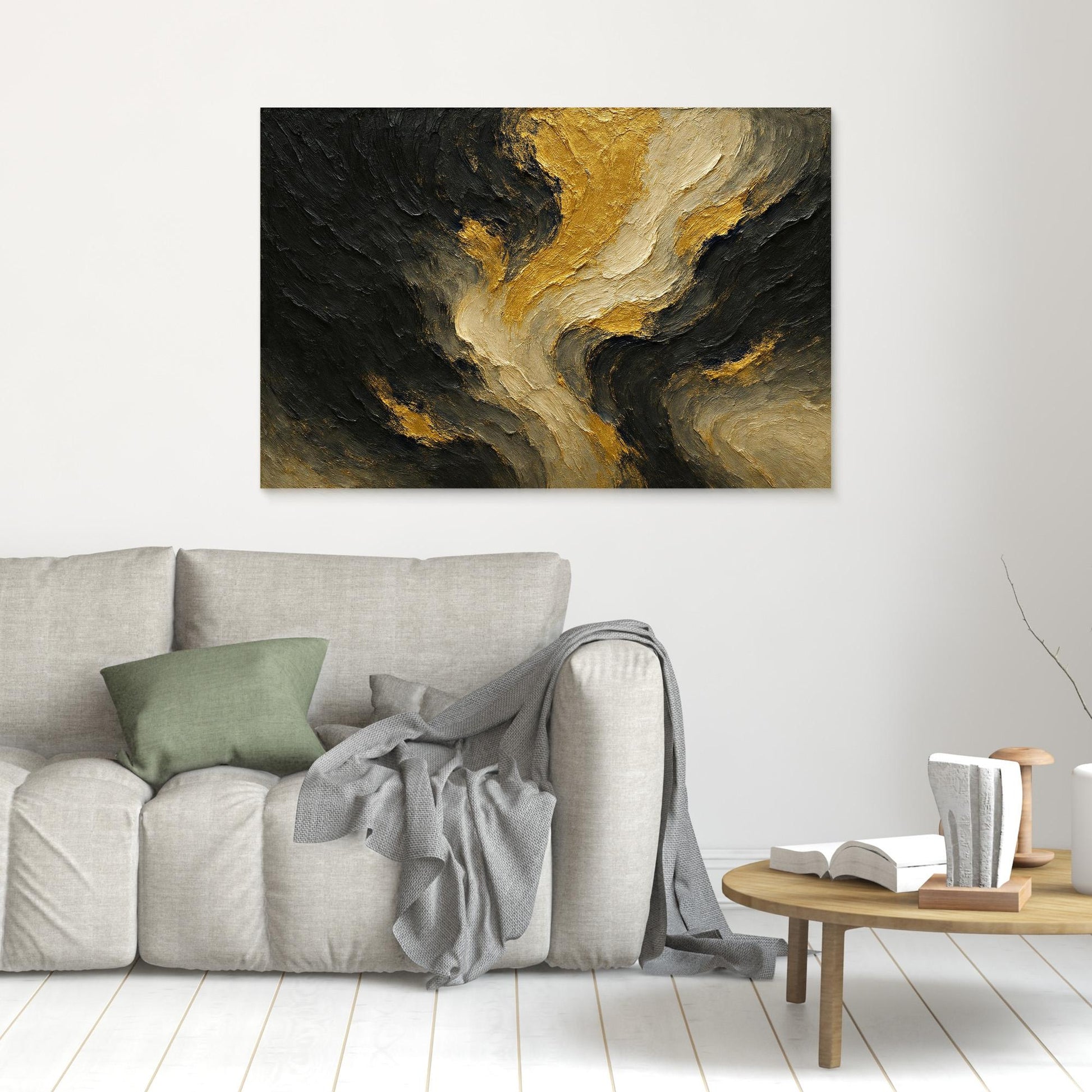 Gold and Black Abstract Canvas Wall Art – Modern Textured Print